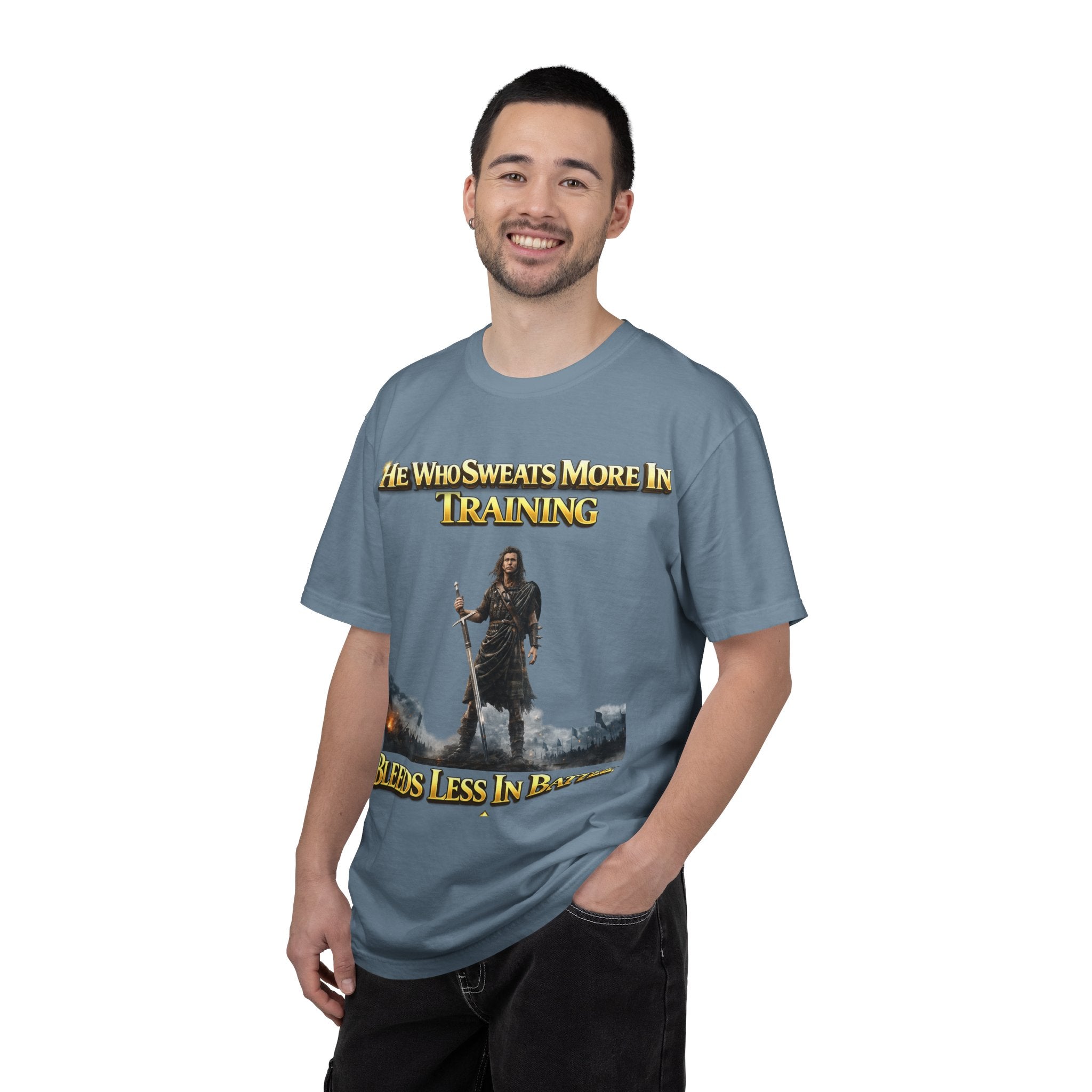 Training Warrior T-Shirt — "He Who Sweats More in Training Bleeds Less in Battle" Printify