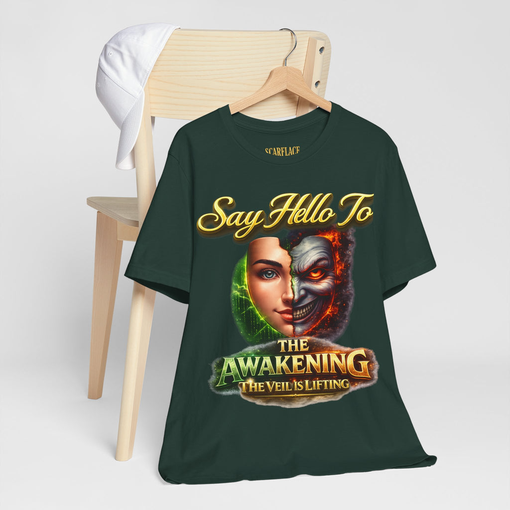 Horror Mask Split Face Tee — "Say Hello To Your Family and Friends" Graphic T-Shirt Printify