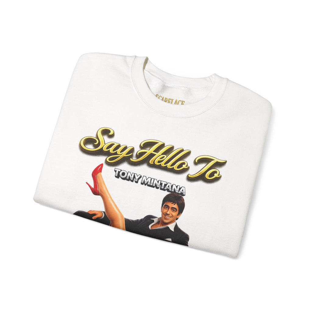 Scarface Parody Crewneck Sweatshirt — "Say Hello to My Middle Leg" Graphic Printify