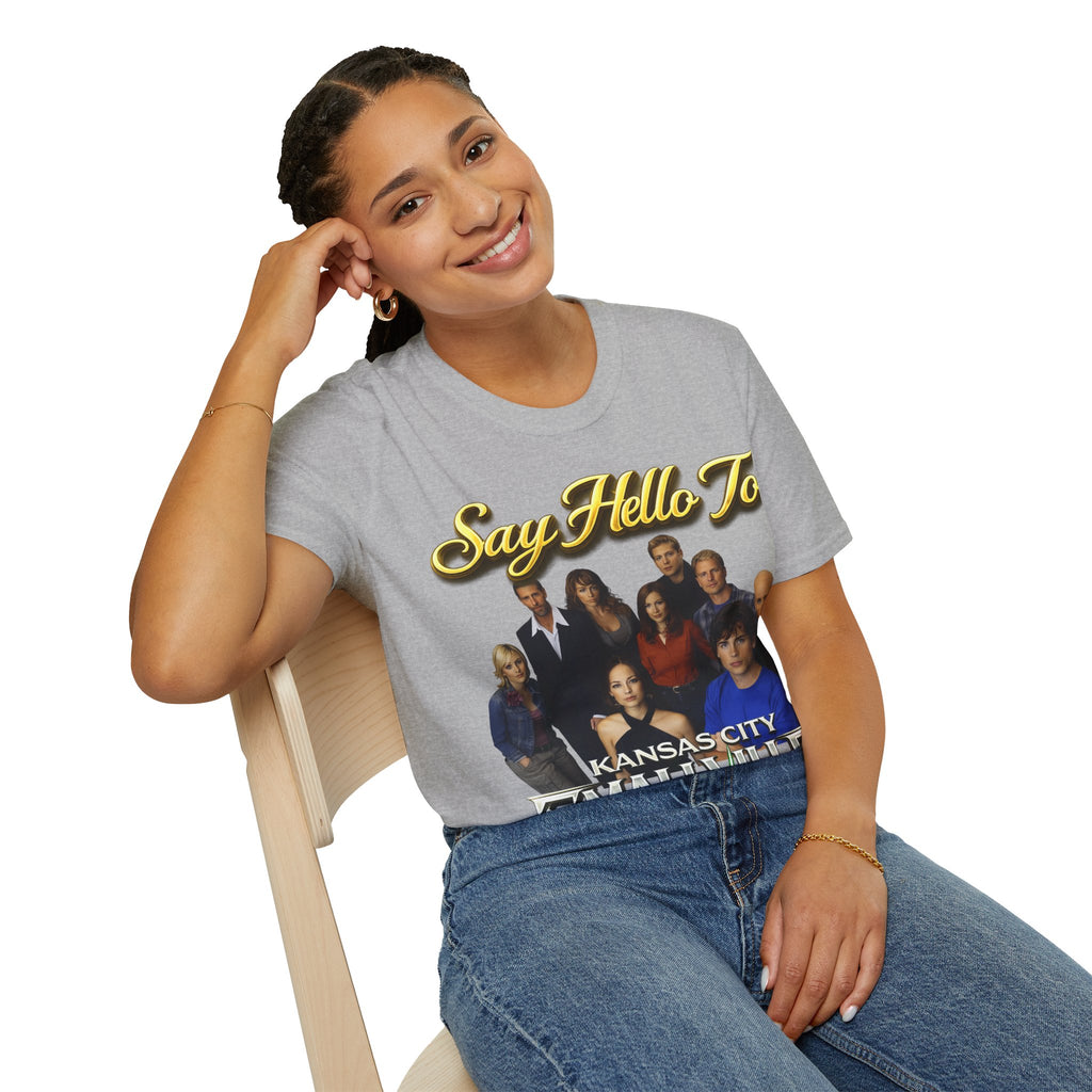Smallville Cast T-Shirt – "Say Hello To" Kansas City Retro TV Logo Printify