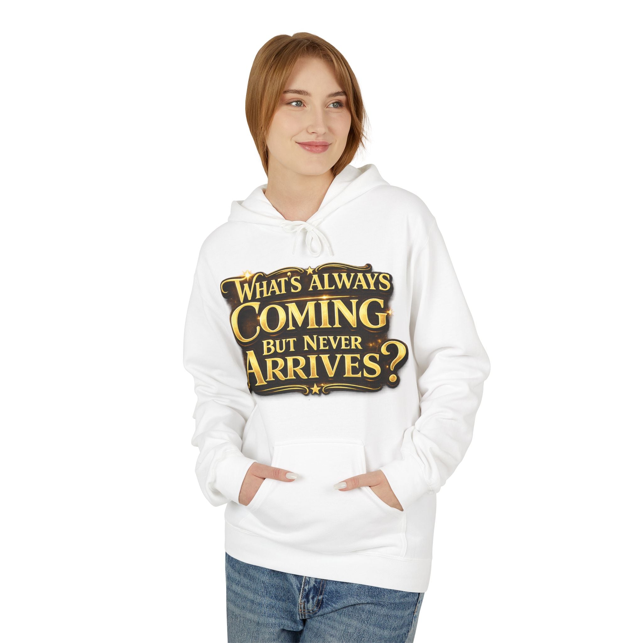 Tomorrow Hoodie — "What's Always Coming But Never Arrives?" Vintage Quote Hoodie Printify