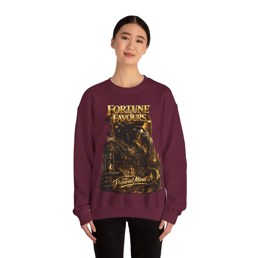 Crewneck Sweatshirt — "Fortune Favors the Prepared Mind" Motivational Design Printify