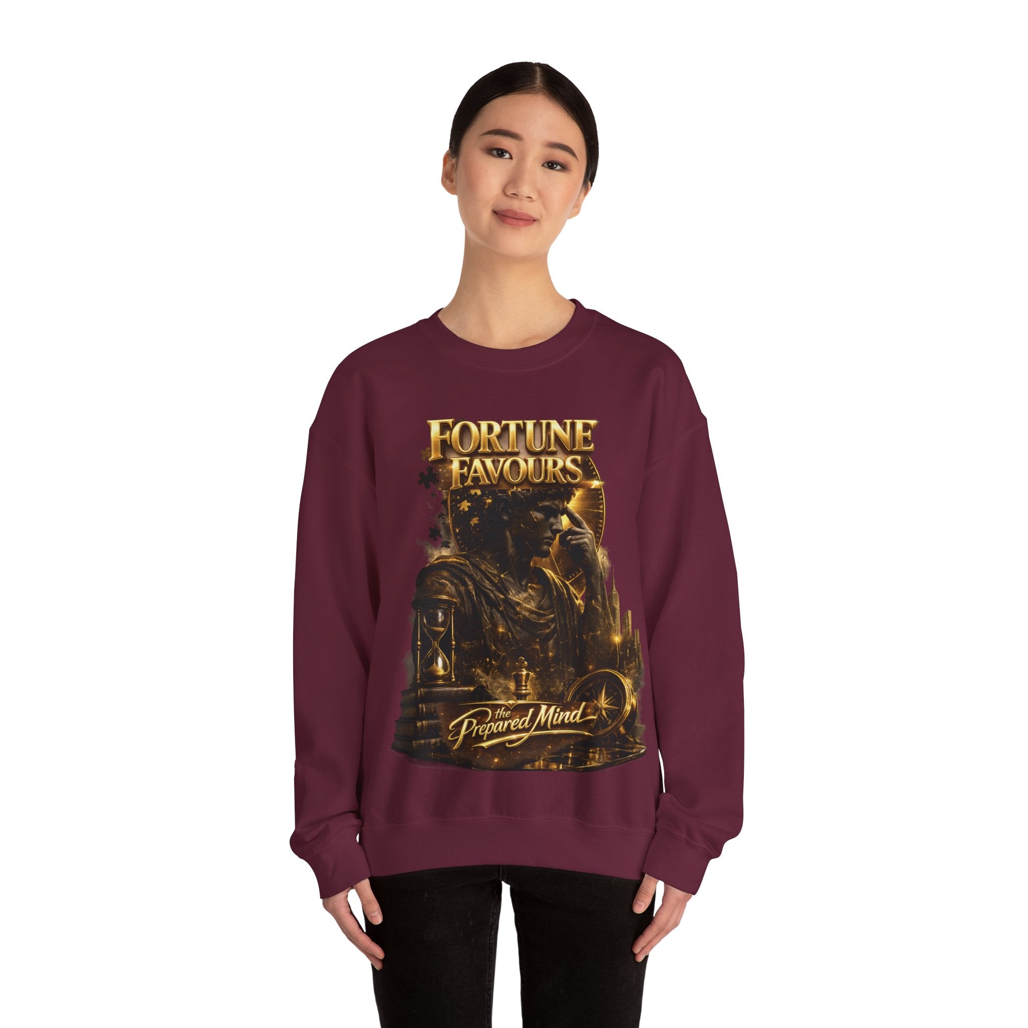 Crewneck Sweatshirt — "Fortune Favors the Prepared Mind" Motivational Design Printify