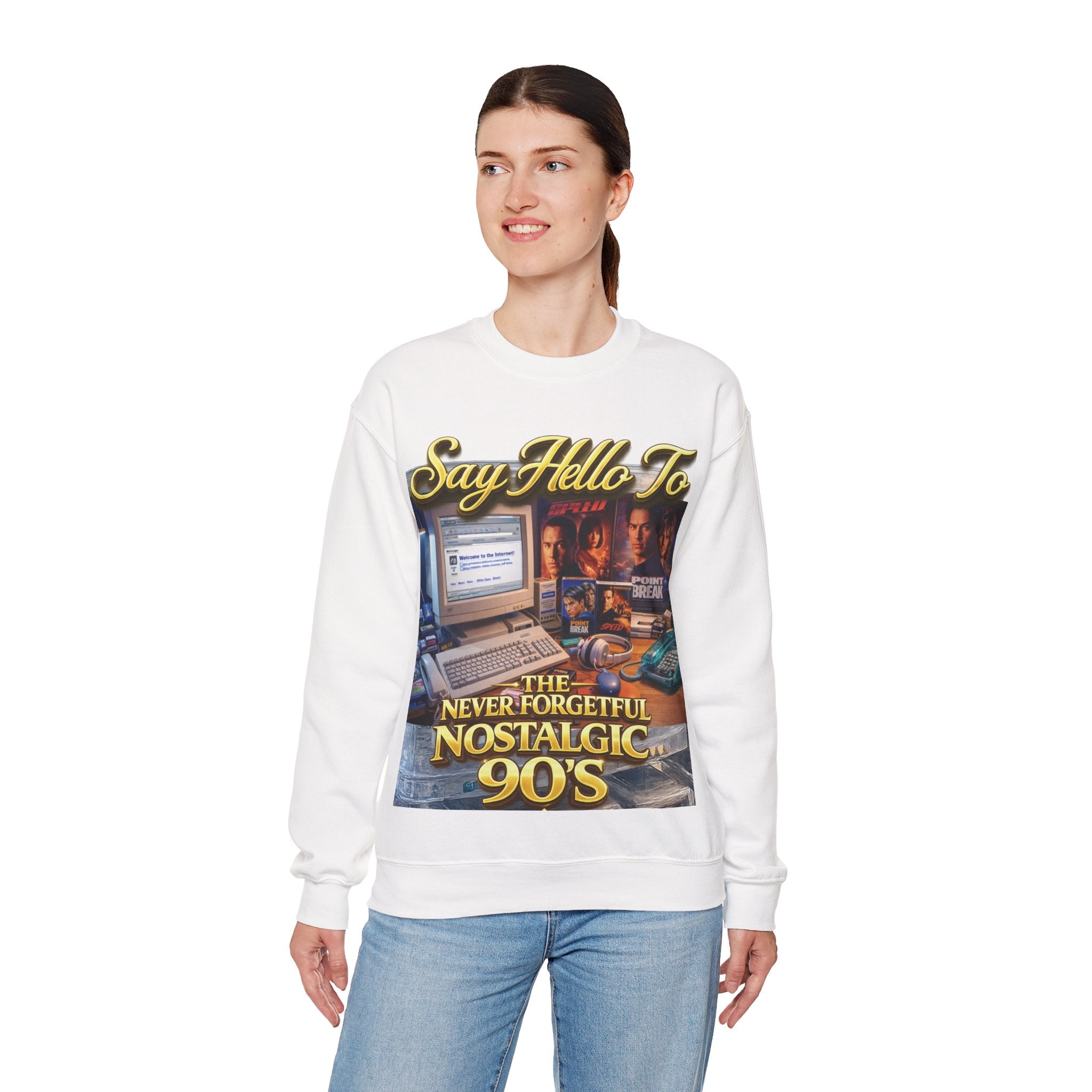 90s Nostalgia Crewneck Sweatshirt – "Say Hello To The Never Forgetful Nostalgic 90's" Printify