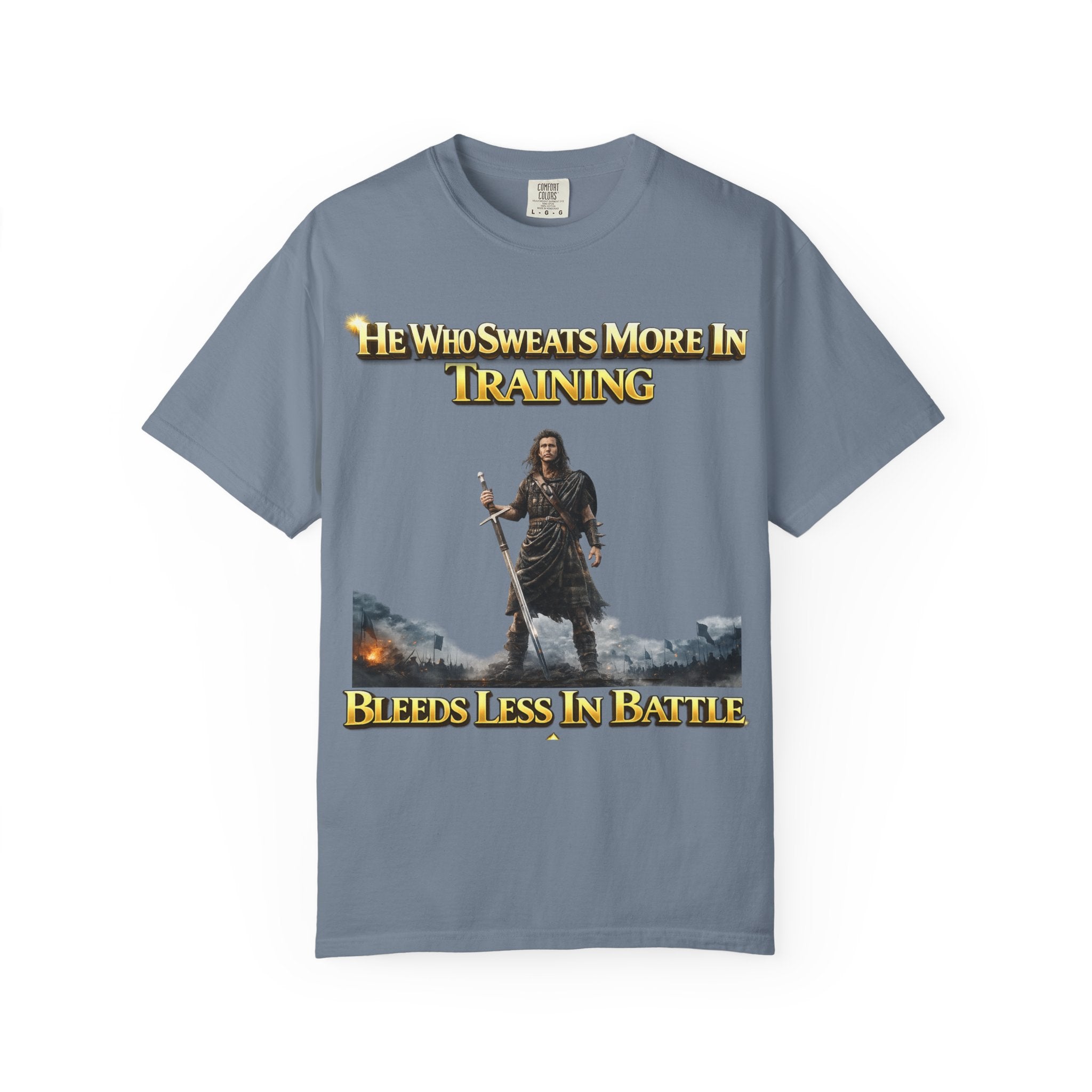Training Warrior T-Shirt — "He Who Sweats More in Training Bleeds Less in Battle" Printify
