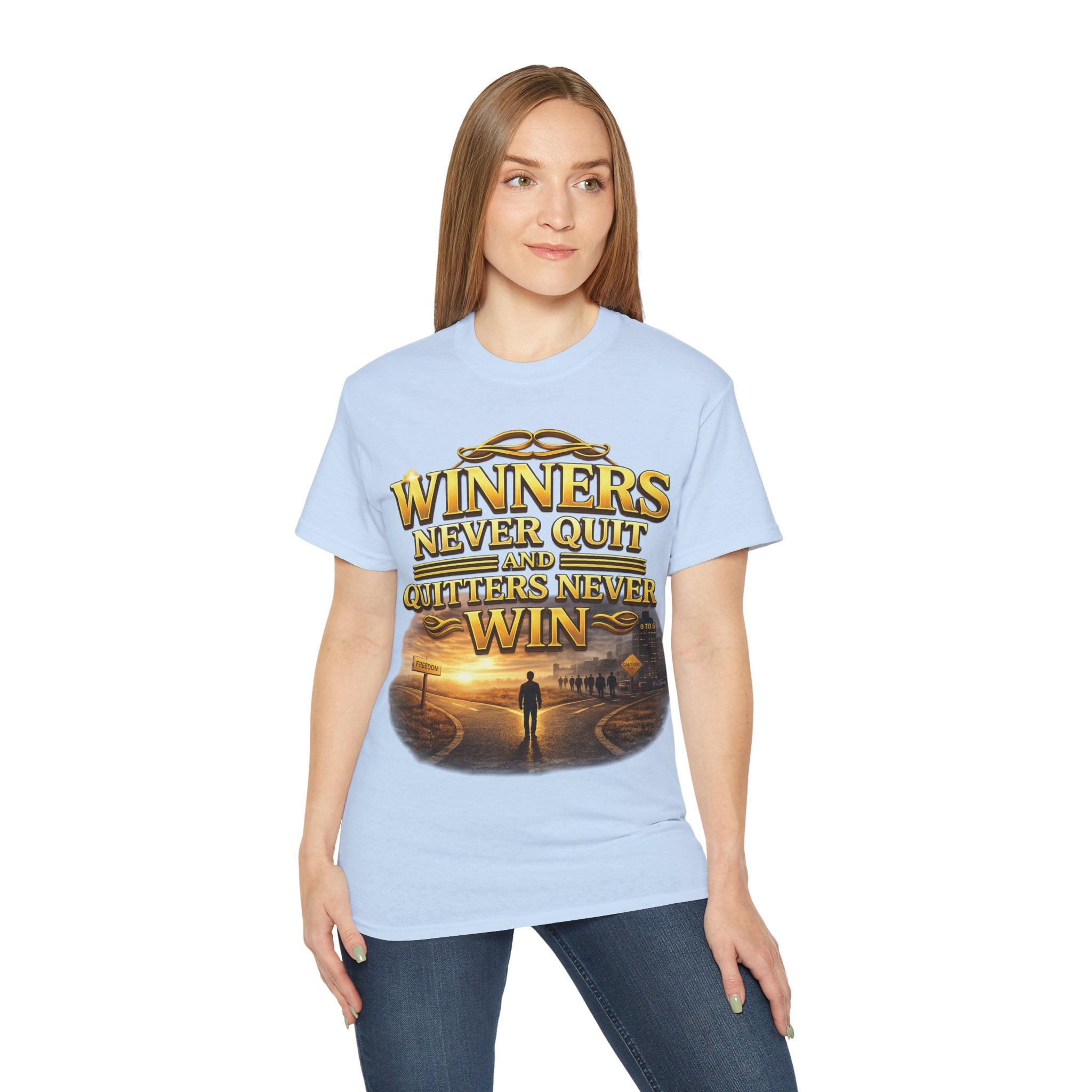 Winners Never Quit Inspirational Tee — Motivational Quote Shirt Printify