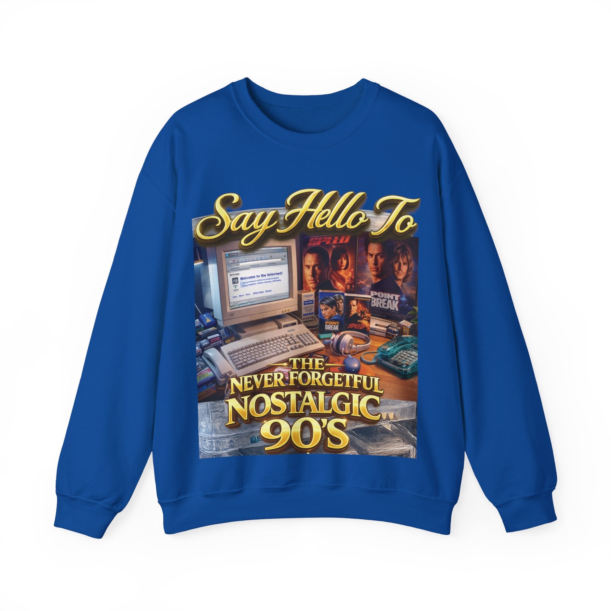 90s Nostalgia Crewneck Sweatshirt – "Say Hello To The Never Forgetful Nostalgic 90's" Printify