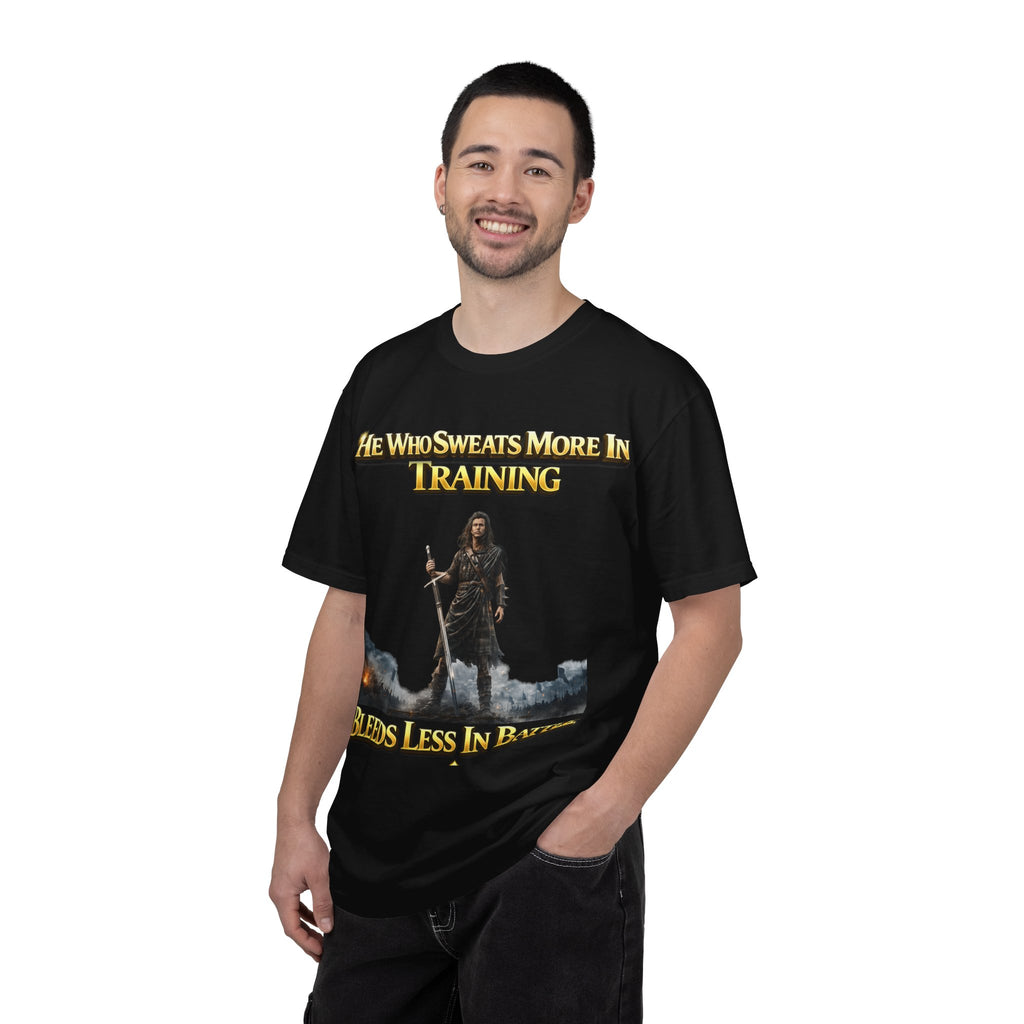 Training Warrior T-Shirt — "He Who Sweats More in Training Bleeds Less in Battle" Printify