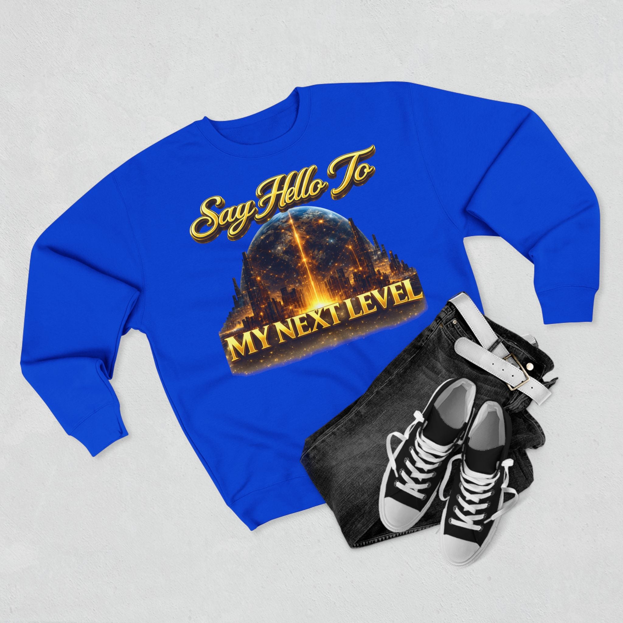 Crewneck Sweatshirt — "Say Hello to My Next Level" Golden Sci‑Fi City Graphic Printify