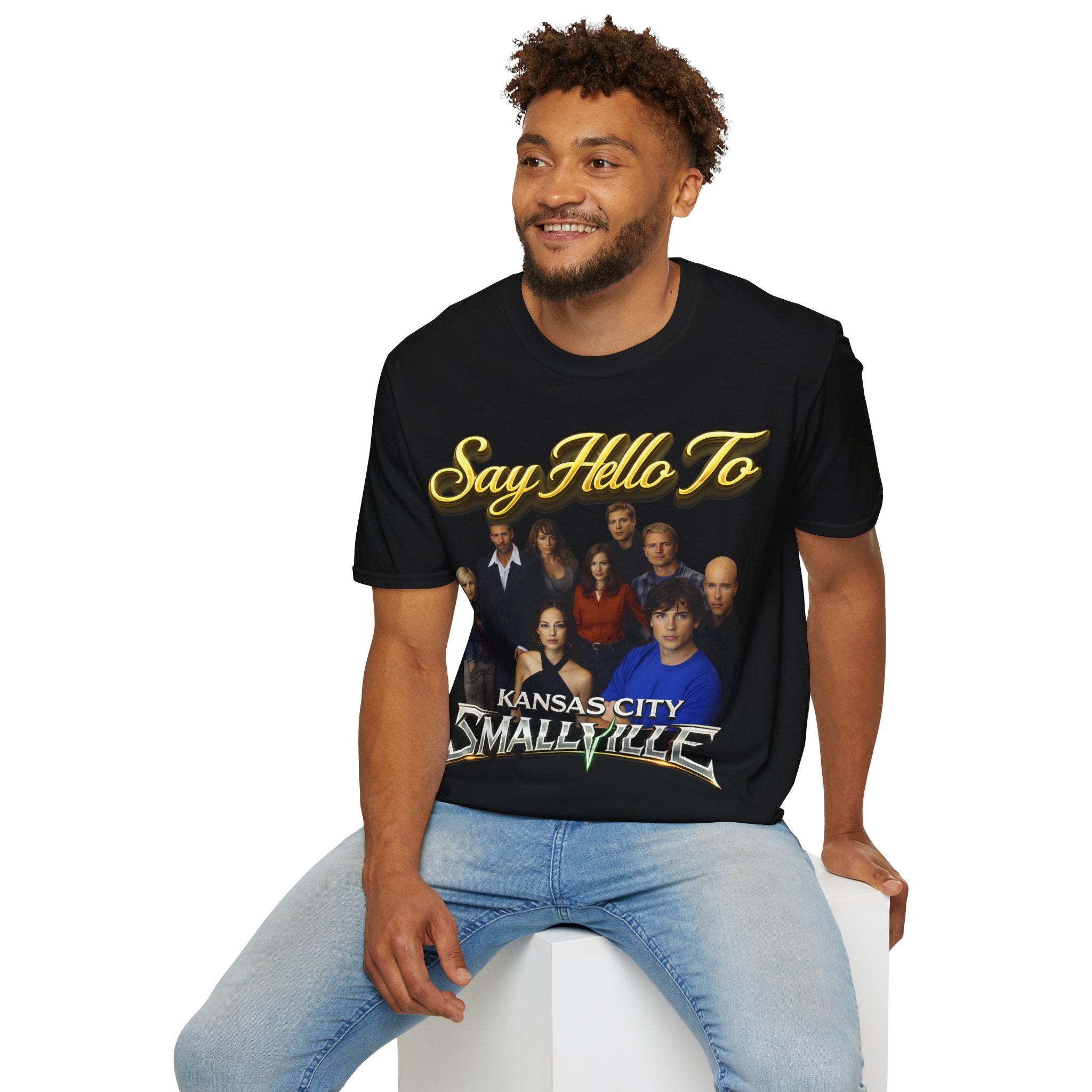 Smallville Cast T-Shirt – "Say Hello To" Kansas City Retro TV Logo Printify