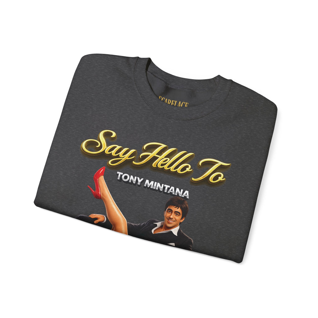 Scarface Parody Crewneck Sweatshirt — "Say Hello to My Middle Leg" Graphic Printify