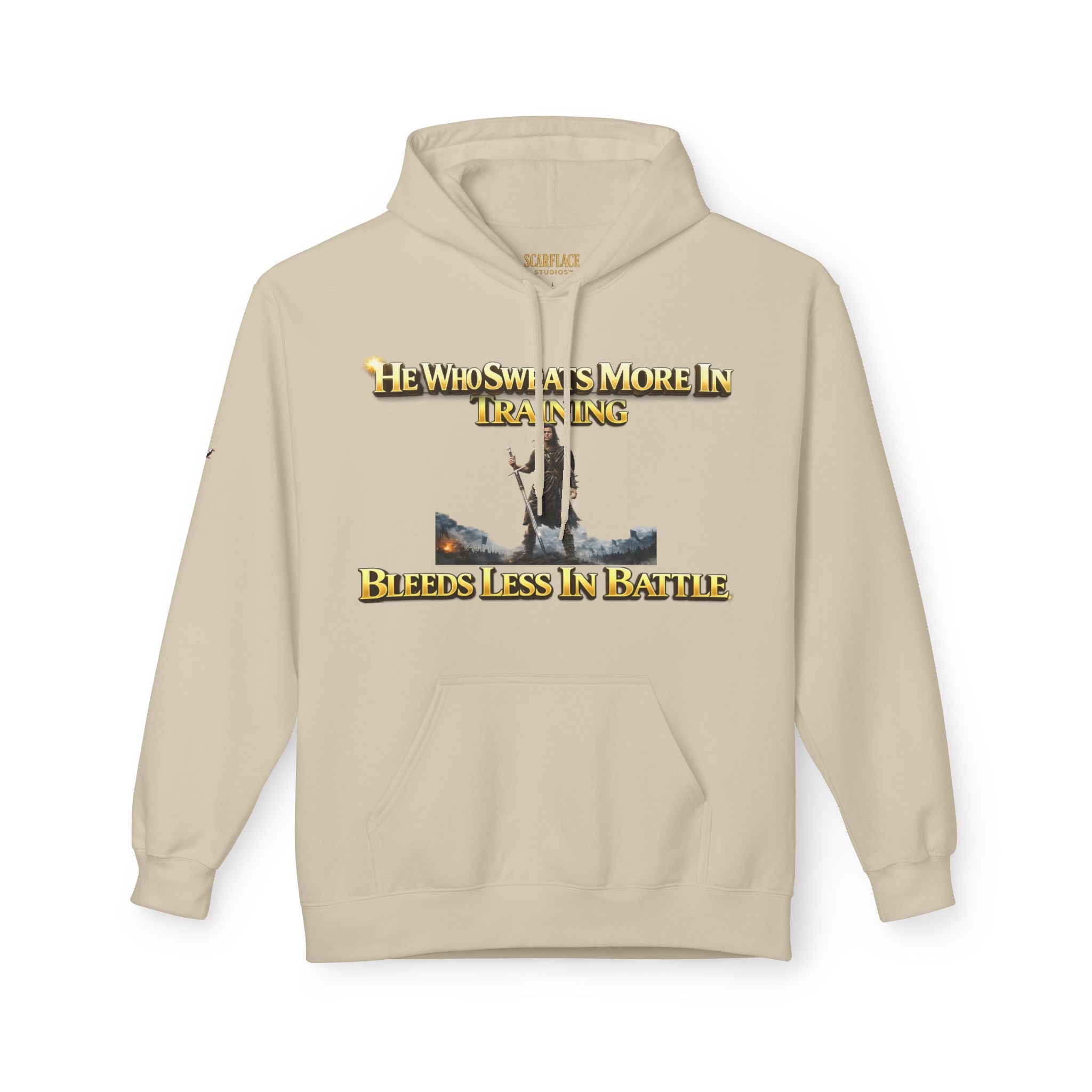 Warrior Training Hoodie — "He Who Sweats More in Training Bleeds Less in Battle" Printify