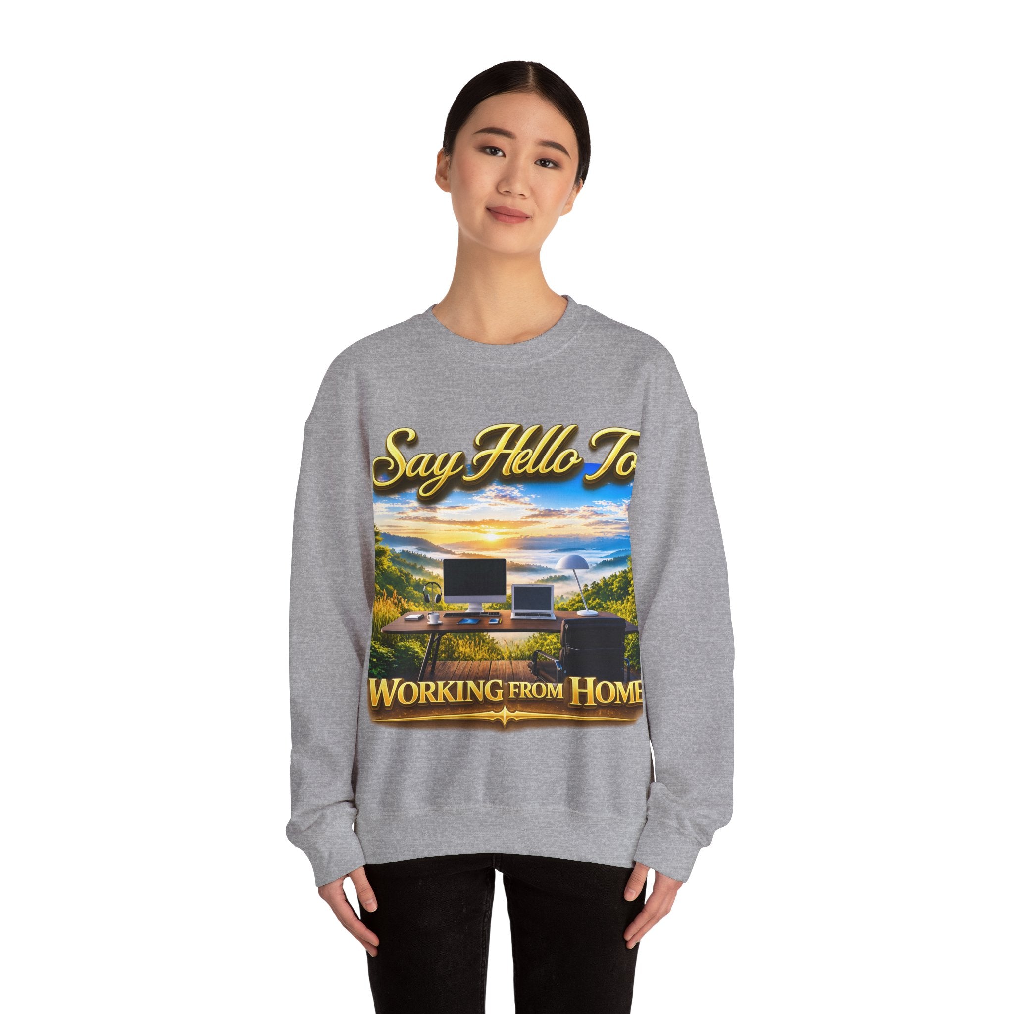 Working From Home Sweatshirt – "Say Hello To" Scenic Home Office Crewneck Printify