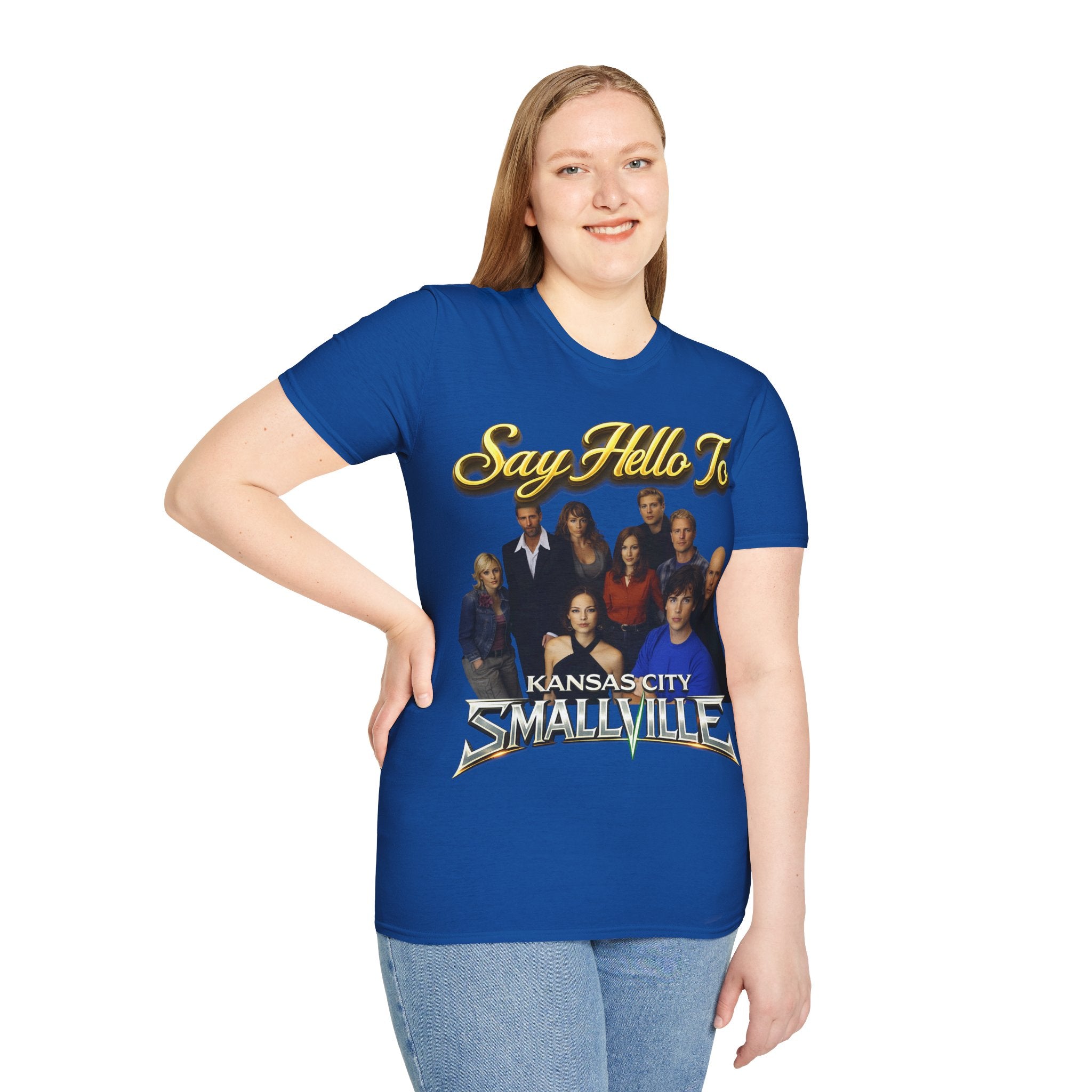 Smallville Cast T-Shirt – "Say Hello To" Kansas City Retro TV Logo Printify