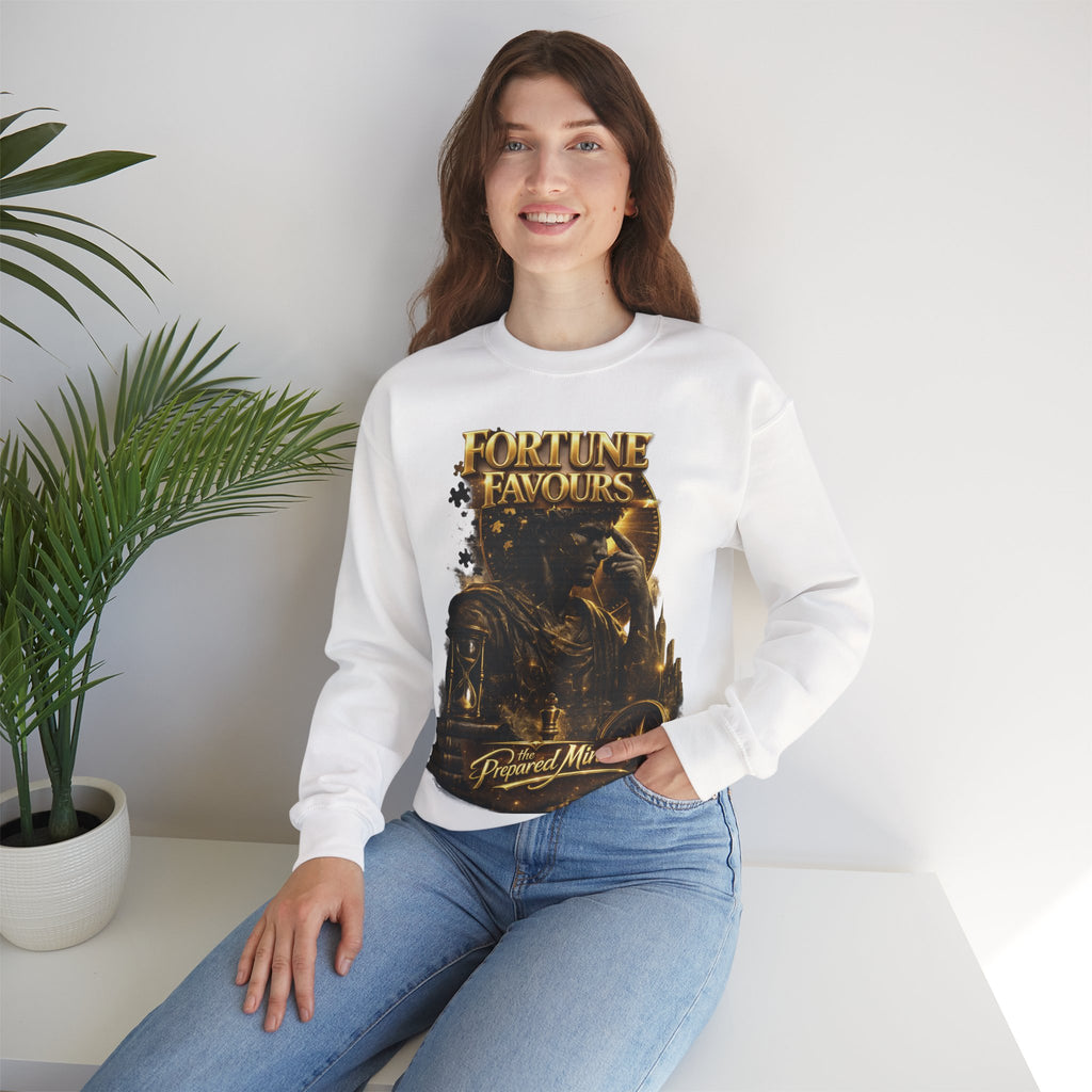 Crewneck Sweatshirt — "Fortune Favors the Prepared Mind" Motivational Design Printify