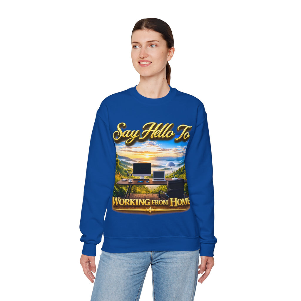 Working From Home Sweatshirt – "Say Hello To" Scenic Home Office Crewneck Printify