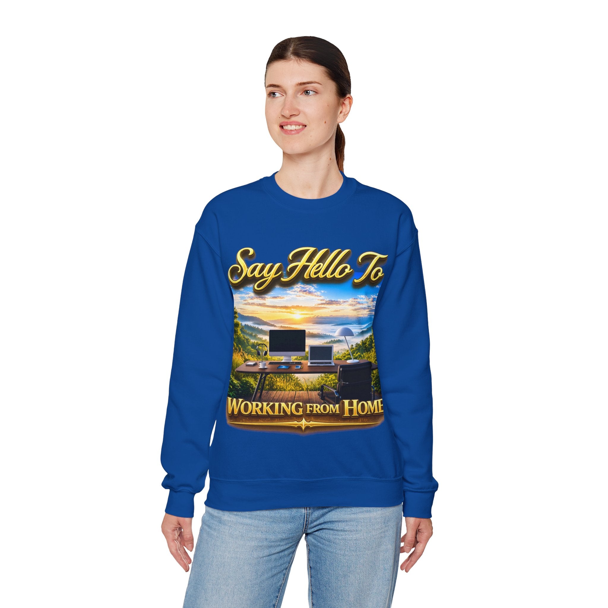 Working From Home Sweatshirt – "Say Hello To" Scenic Home Office Crewneck Printify