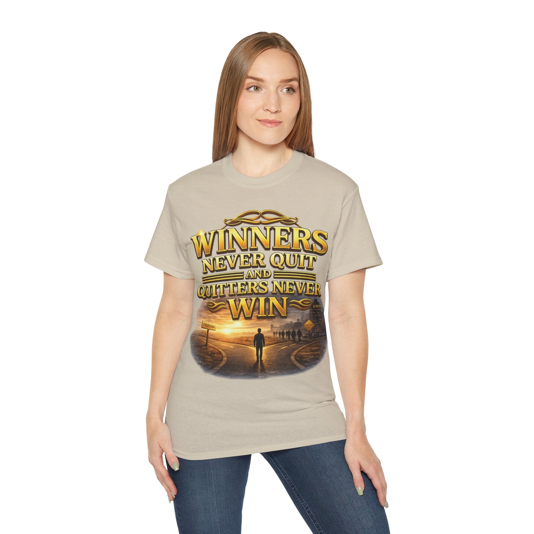 Winners Never Quit Inspirational Tee — Motivational Quote Shirt Printify