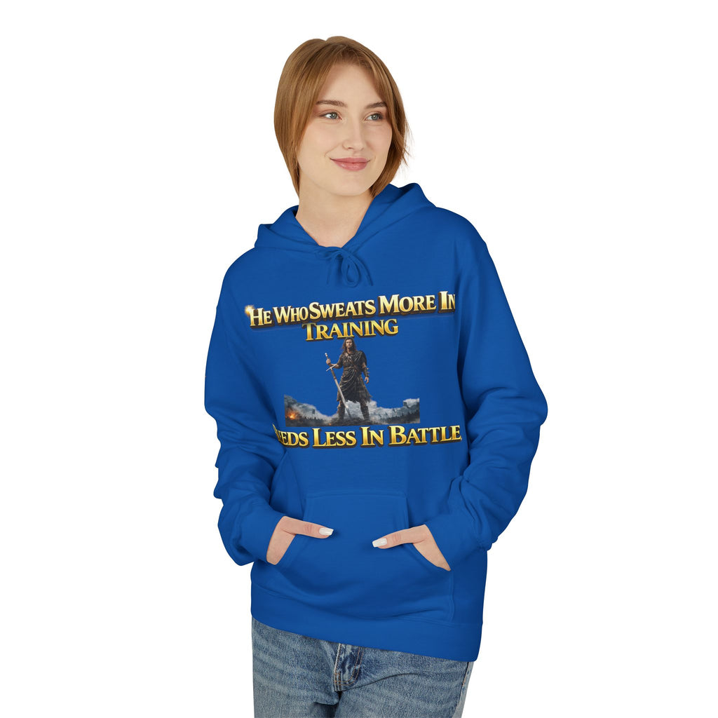 Warrior Training Hoodie — "He Who Sweats More in Training Bleeds Less in Battle" Printify