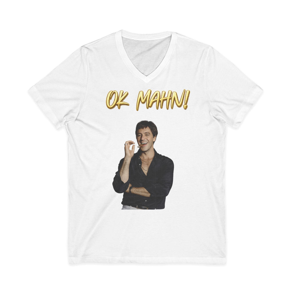 OK Mahn! V-Neck Tee — Vintage Laugh Meme T-Shirt Scarflace Studios Printify