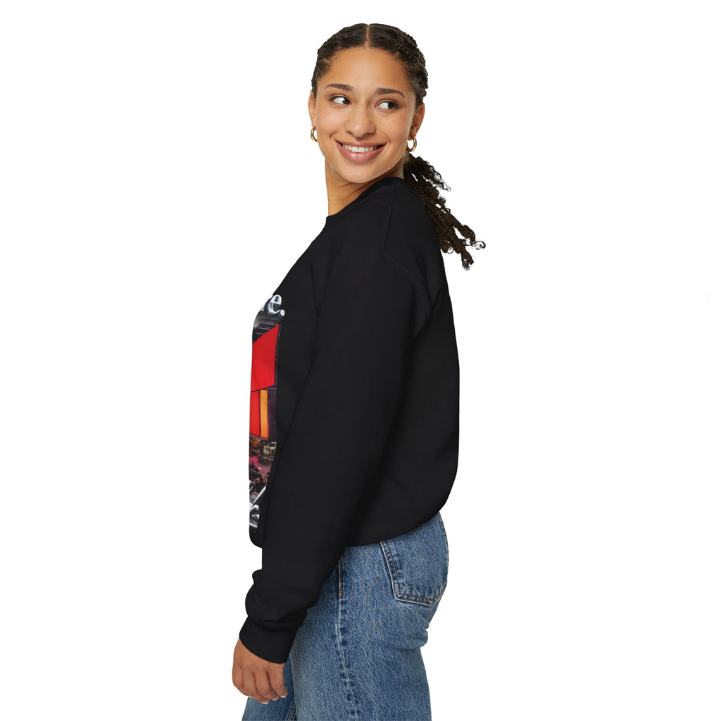 Crewneck Sweatshirt — Times Square Photo with Motivational Script “Nothing Out Here Helps You… That’s What Makes You Stronger” Printify