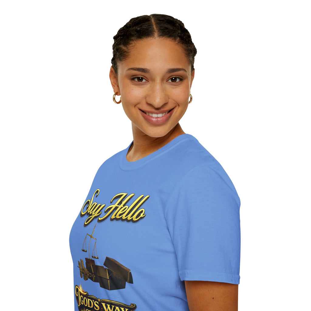 T-Shirt — "Say Hello" Money & Faith Graphic Tee (God's Way You Make Too Much Money) Printify