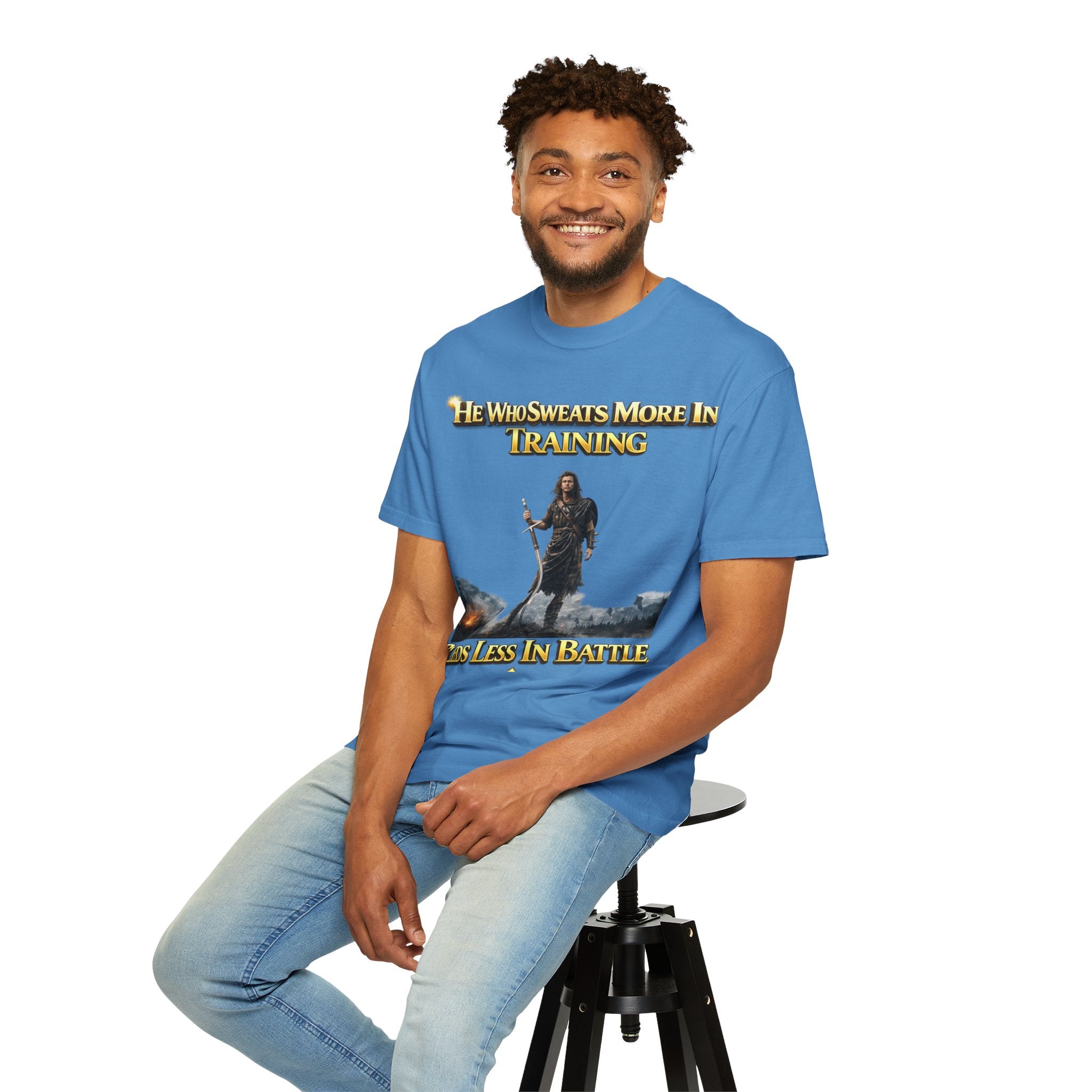 Training Warrior T-Shirt — "He Who Sweats More in Training Bleeds Less in Battle" Printify