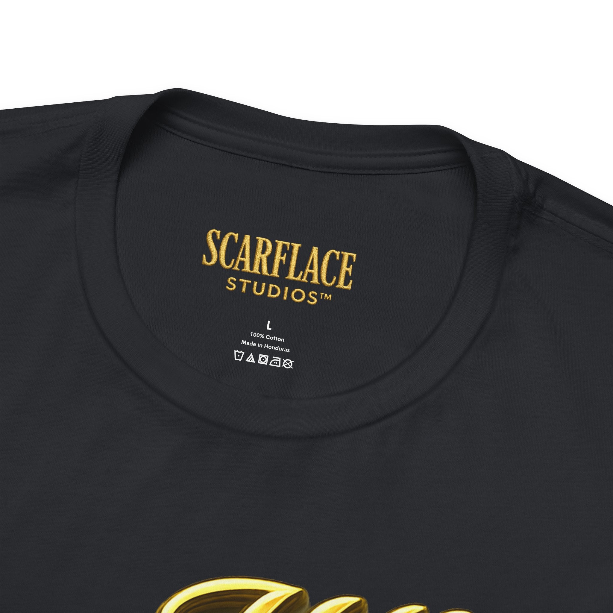 Horror Mask Split Face Tee — "Say Hello To Your Family and Friends" Graphic T-Shirt Printify