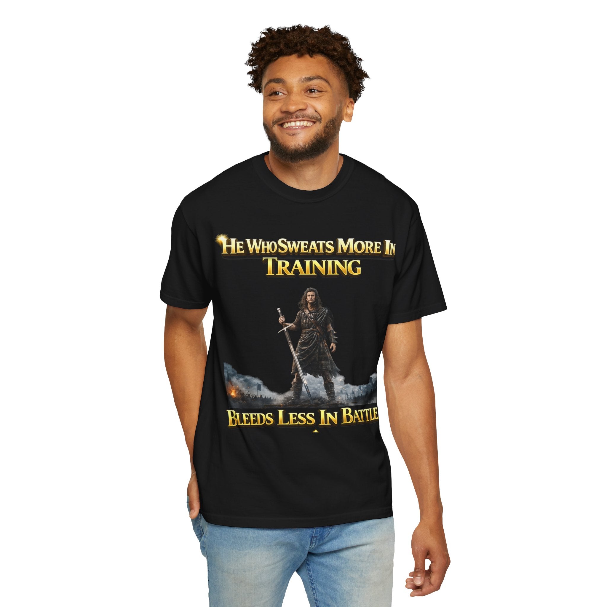 Training Warrior T-Shirt — "He Who Sweats More in Training Bleeds Less in Battle" Printify