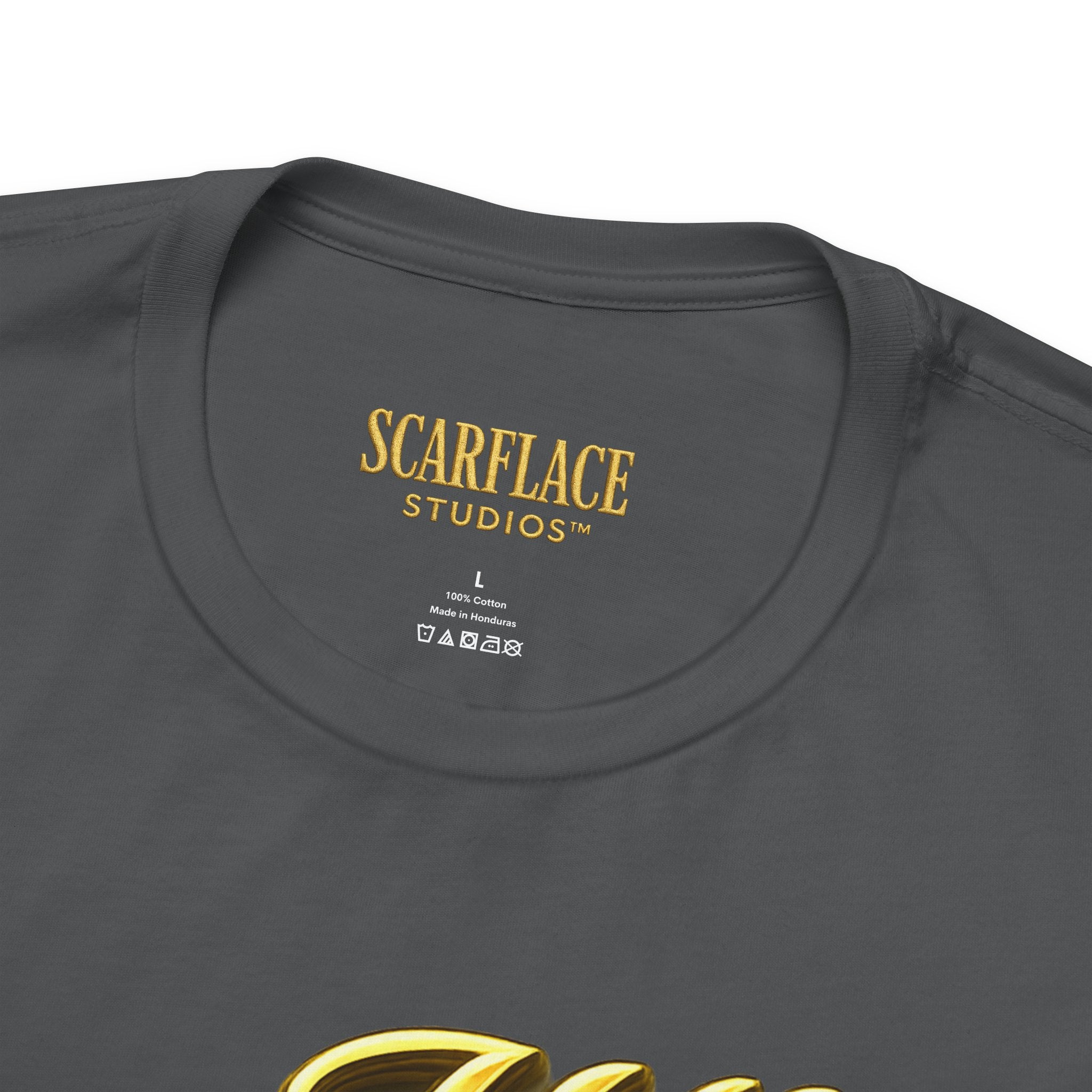 Horror Mask Split Face Tee — "Say Hello To Your Family and Friends" Graphic T-Shirt Printify
