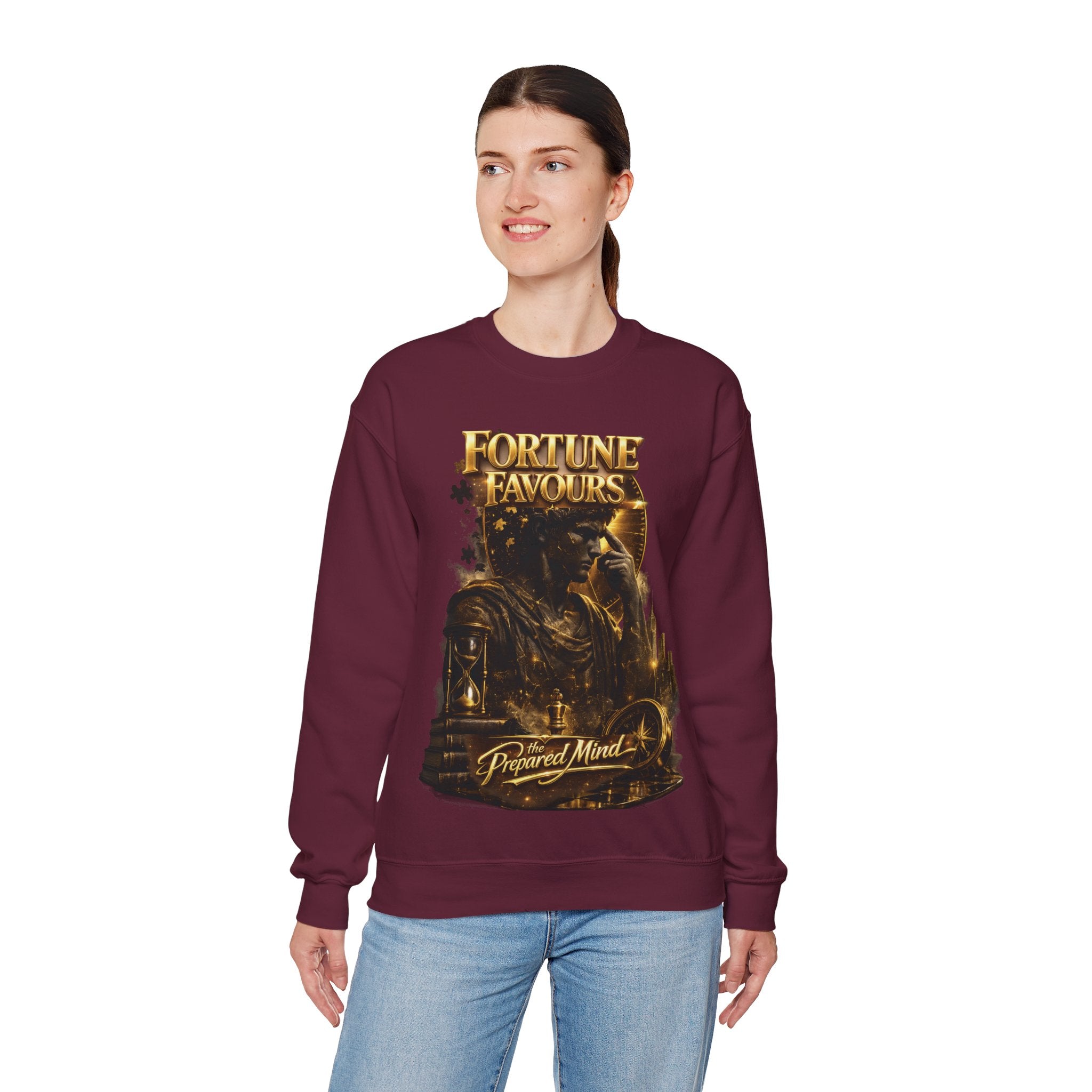 Crewneck Sweatshirt — "Fortune Favors the Prepared Mind" Motivational Design Printify