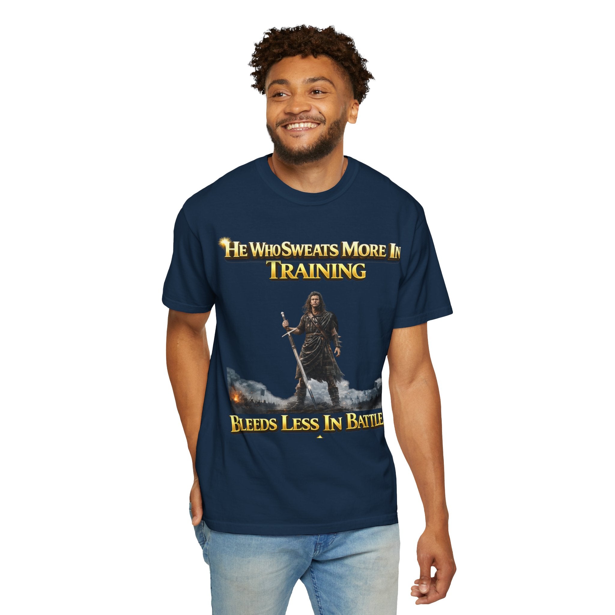Training Warrior T-Shirt — "He Who Sweats More in Training Bleeds Less in Battle" Printify