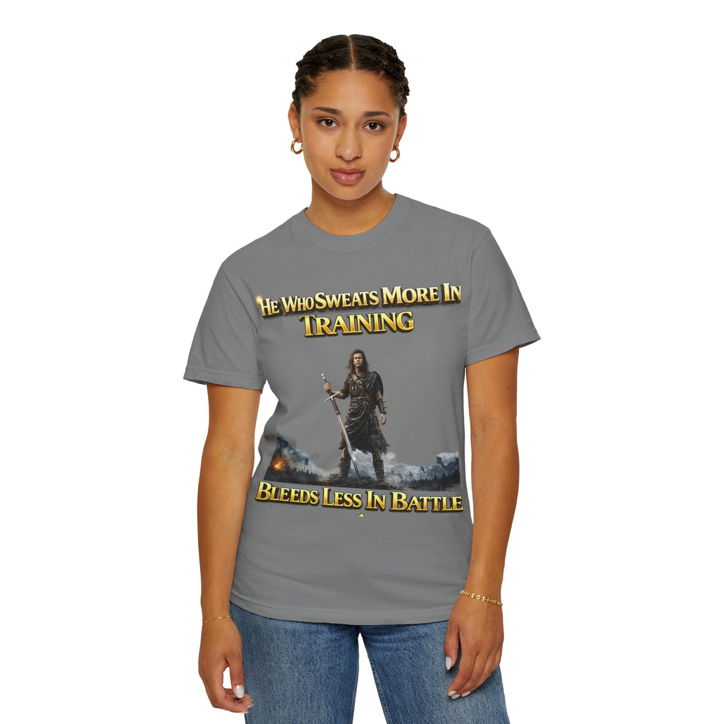 Training Warrior T-Shirt — "He Who Sweats More in Training Bleeds Less in Battle" Printify