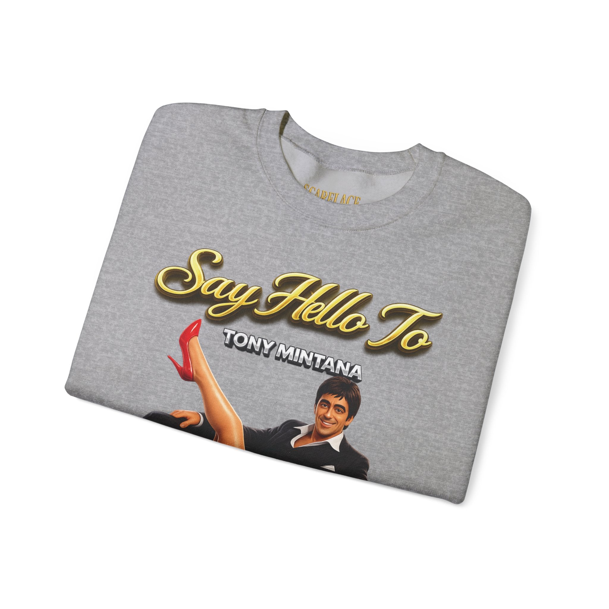 Scarface Parody Crewneck Sweatshirt — "Say Hello to My Middle Leg" Graphic Printify