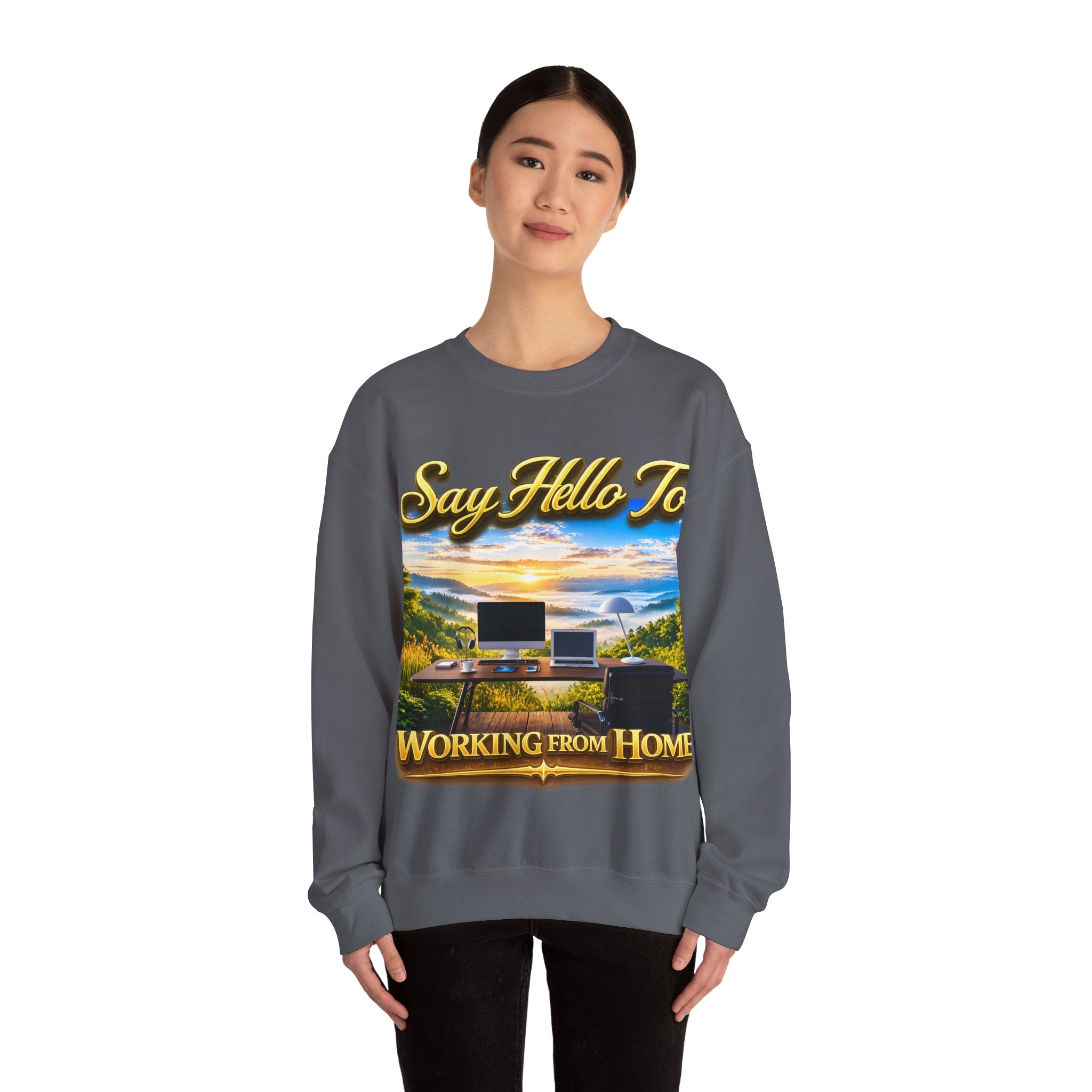 Working From Home Sweatshirt – "Say Hello To" Scenic Home Office Crewneck Printify