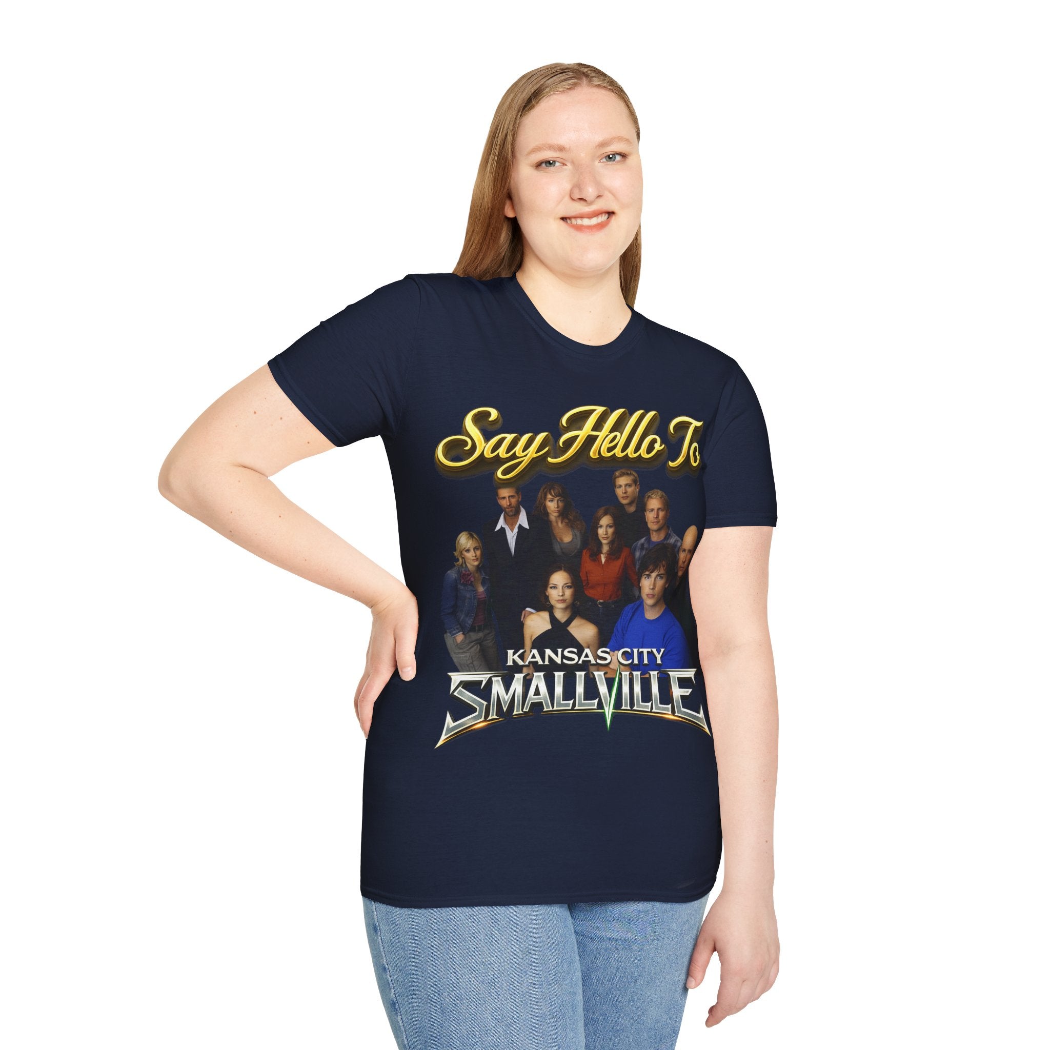 Smallville Cast T-Shirt – "Say Hello To" Kansas City Retro TV Logo Printify