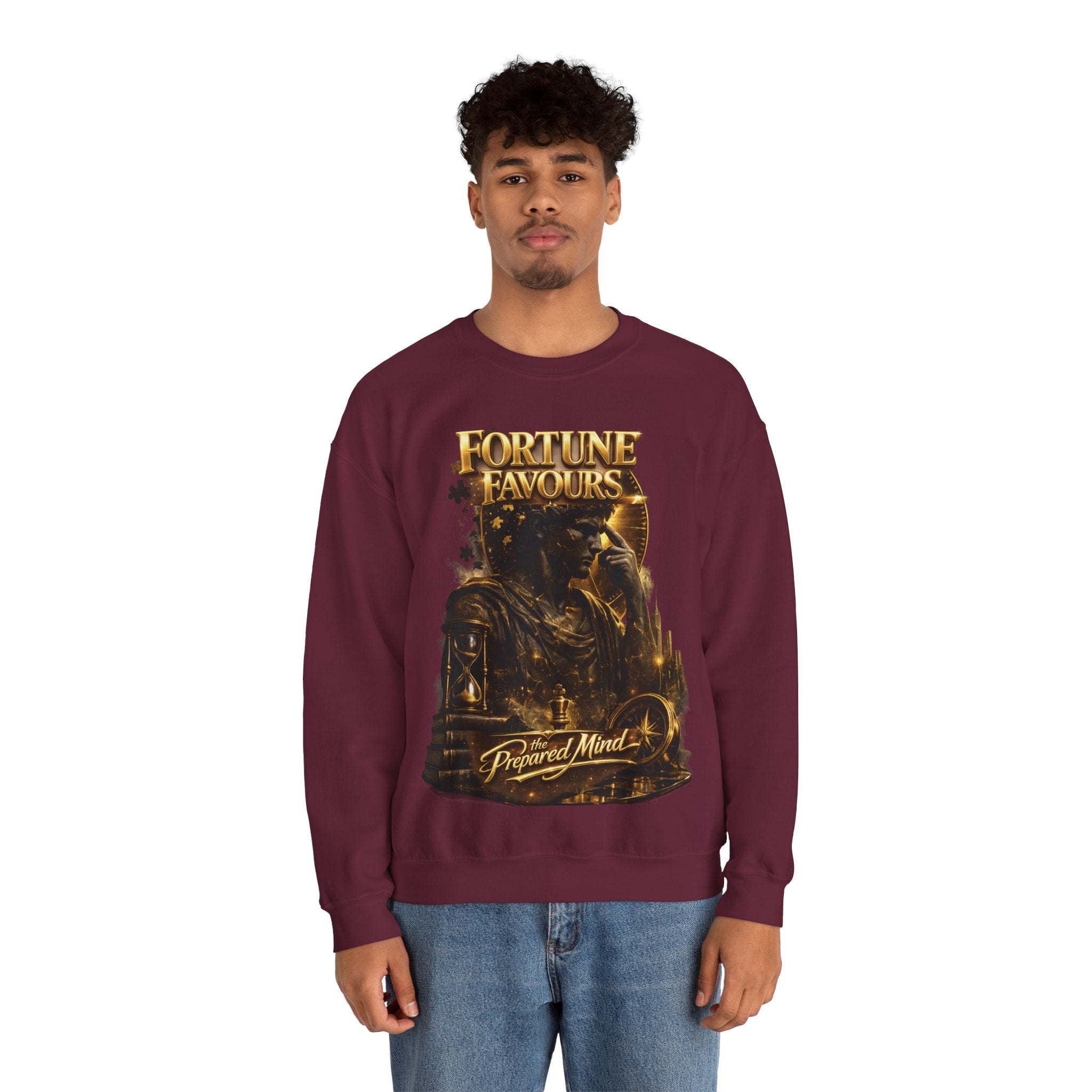 Crewneck Sweatshirt — "Fortune Favors the Prepared Mind" Motivational Design Printify