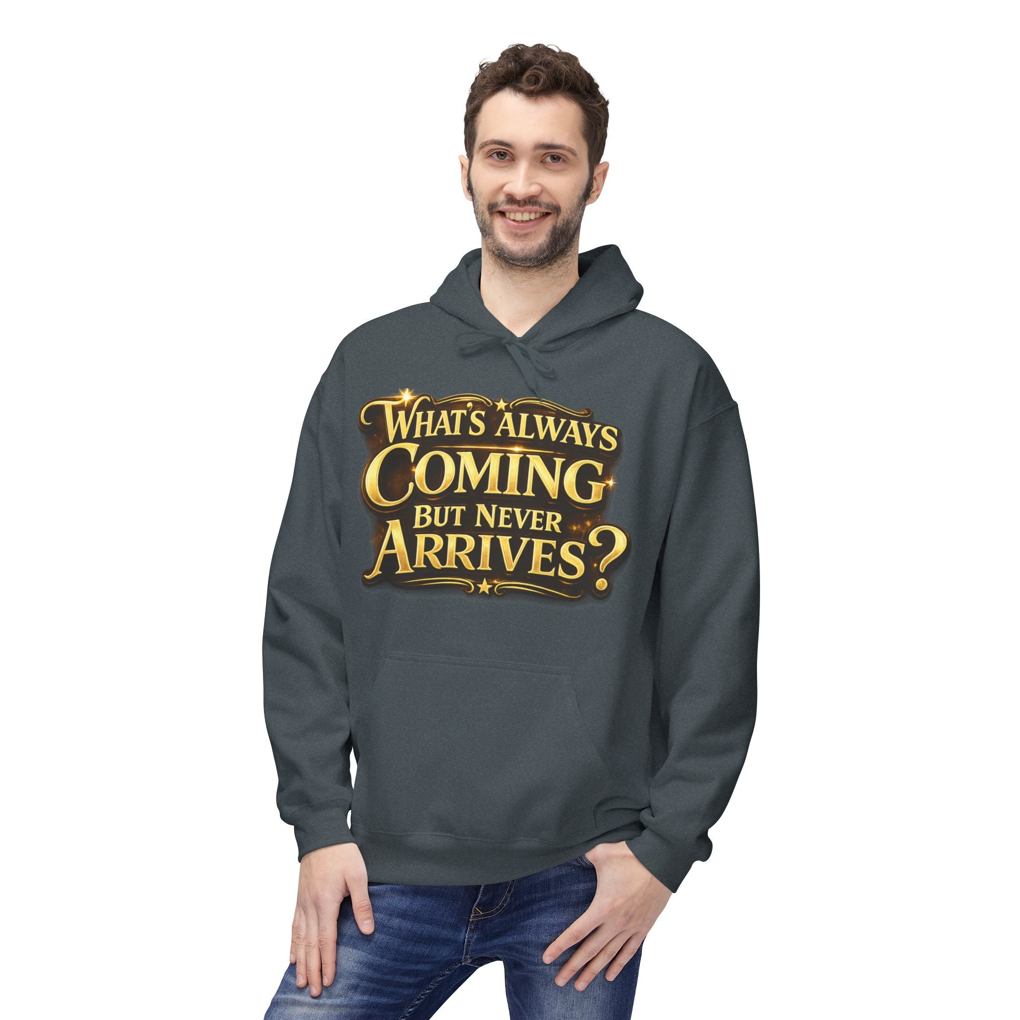 Tomorrow Hoodie — "What's Always Coming But Never Arrives?" Vintage Quote Hoodie Printify
