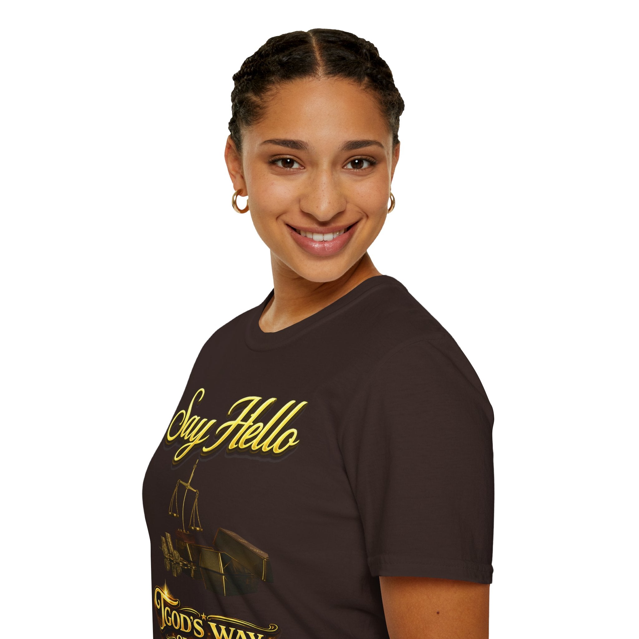 T-Shirt — "Say Hello" Money & Faith Graphic Tee (God's Way You Make Too Much Money) Printify