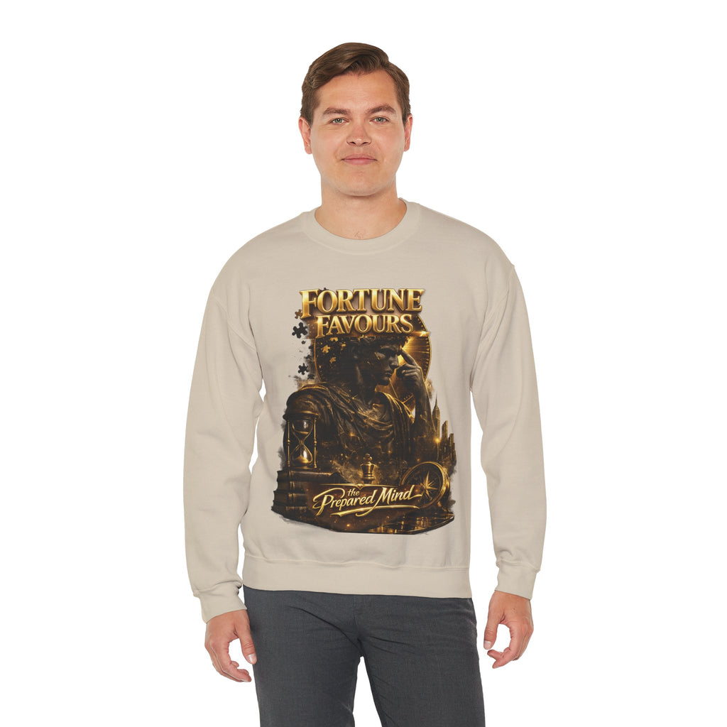 Crewneck Sweatshirt — "Fortune Favors the Prepared Mind" Motivational Design Printify