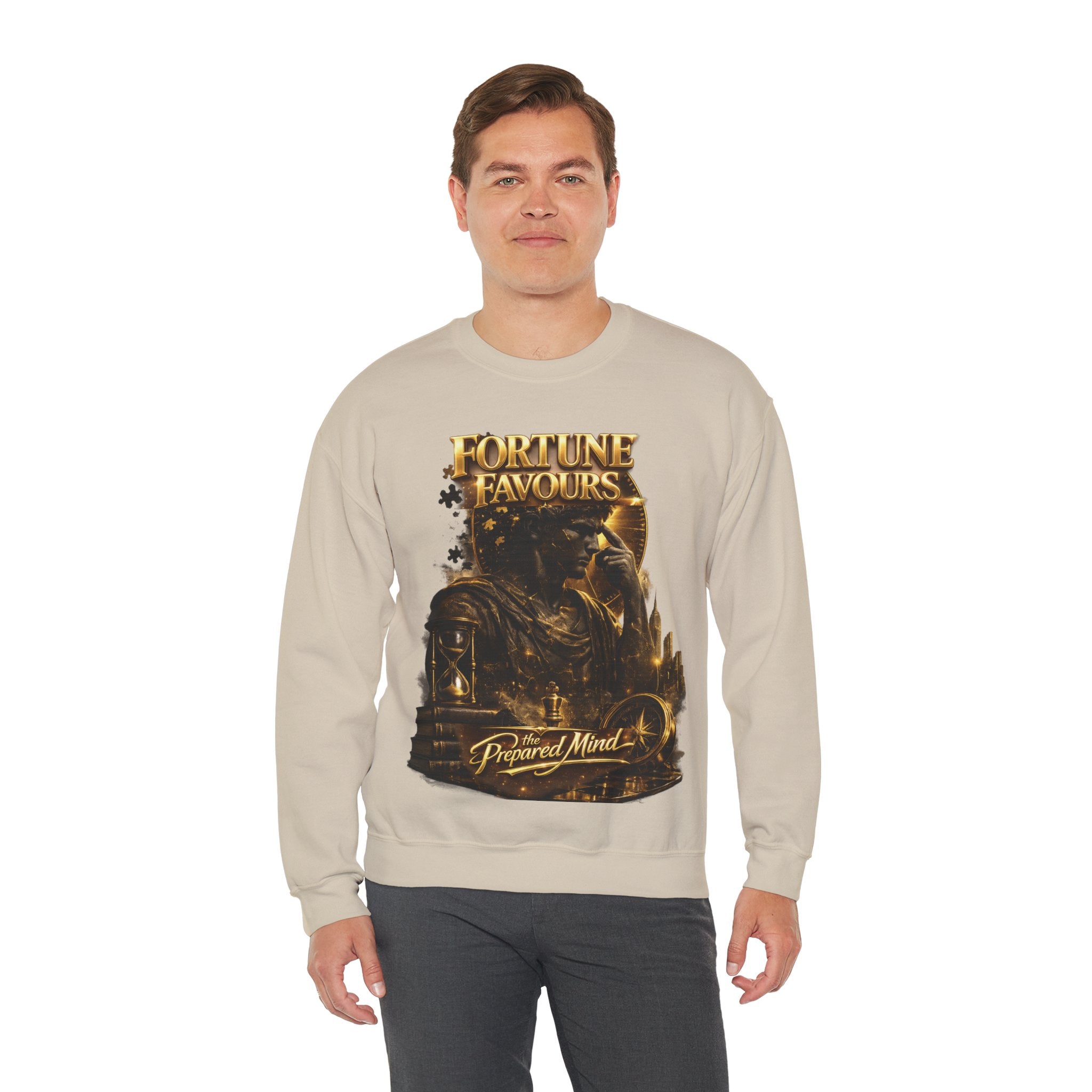 Crewneck Sweatshirt — "Fortune Favors the Prepared Mind" Motivational Design Printify