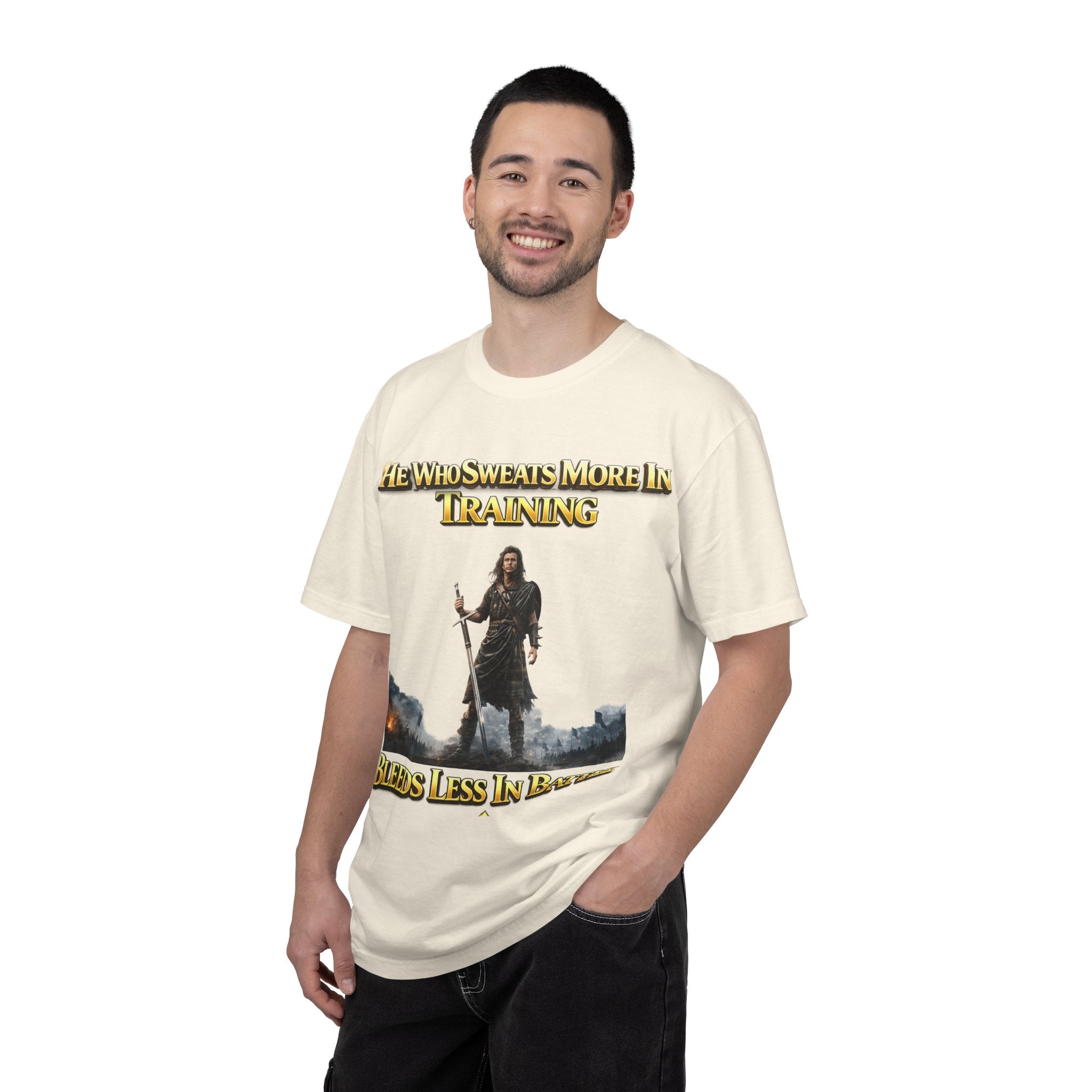 Training Warrior T-Shirt — "He Who Sweats More in Training Bleeds Less in Battle" Printify