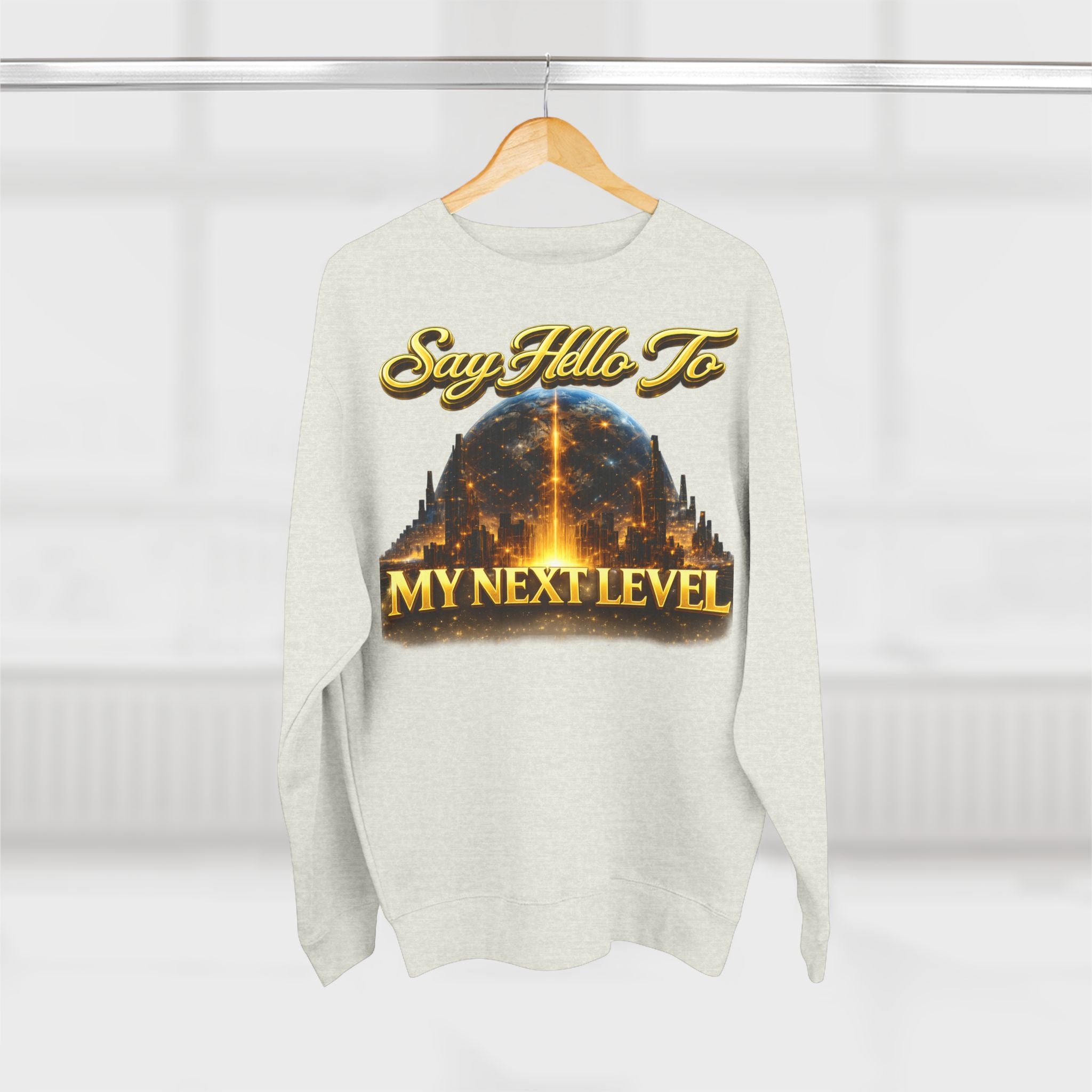 Crewneck Sweatshirt — "Say Hello to My Next Level" Golden Sci‑Fi City Graphic Printify
