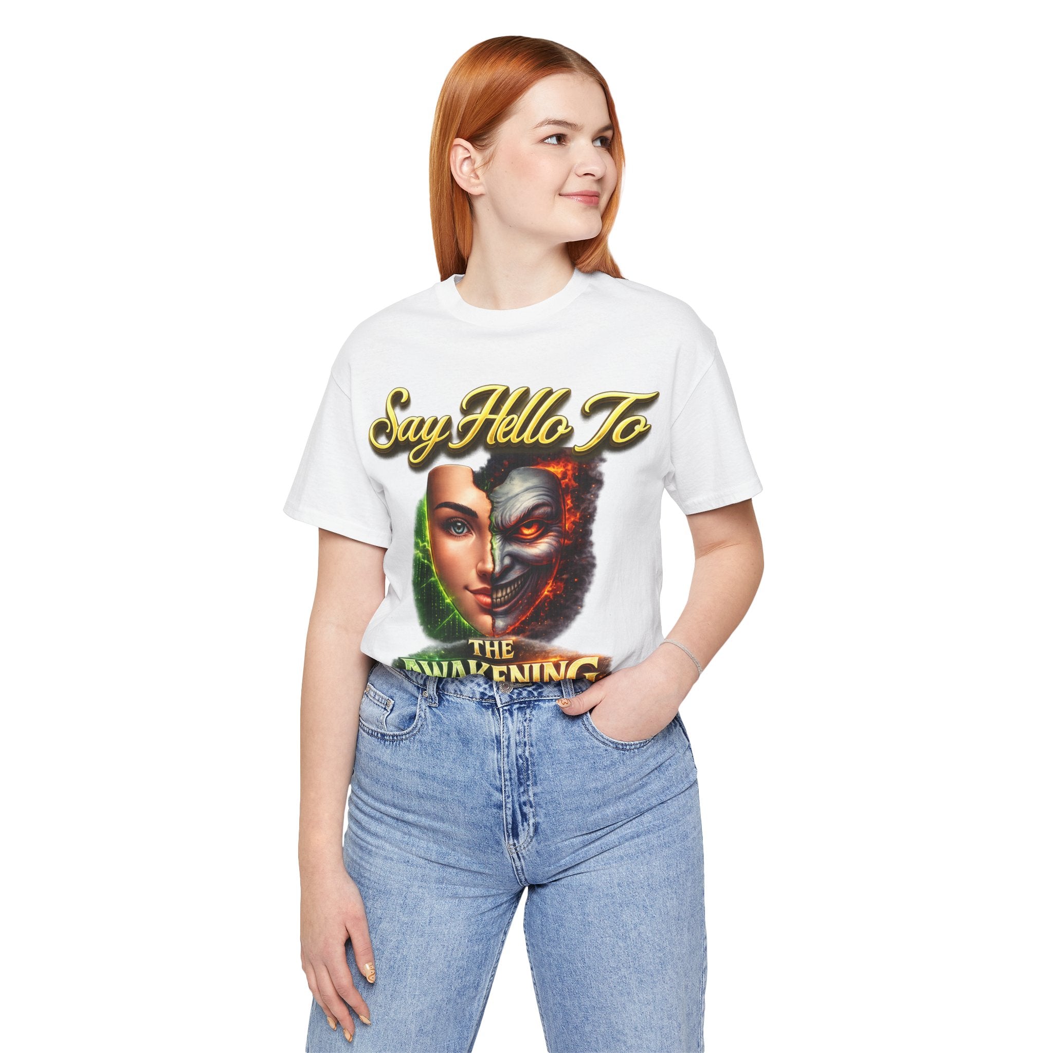 Horror Mask Split Face Tee — "Say Hello To Your Family and Friends" Graphic T-Shirt Printify