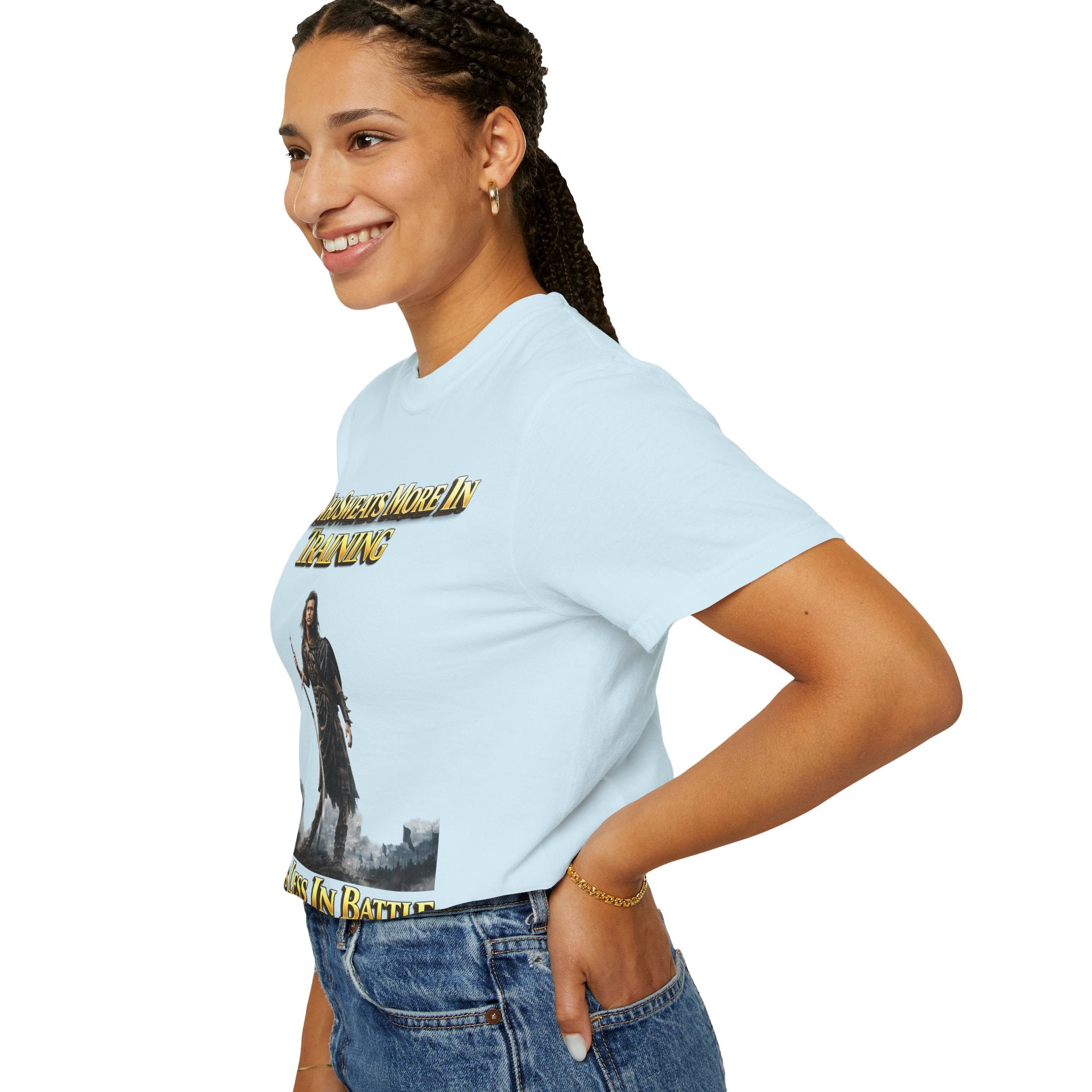 Training Warrior T-Shirt — "He Who Sweats More in Training Bleeds Less in Battle" Printify