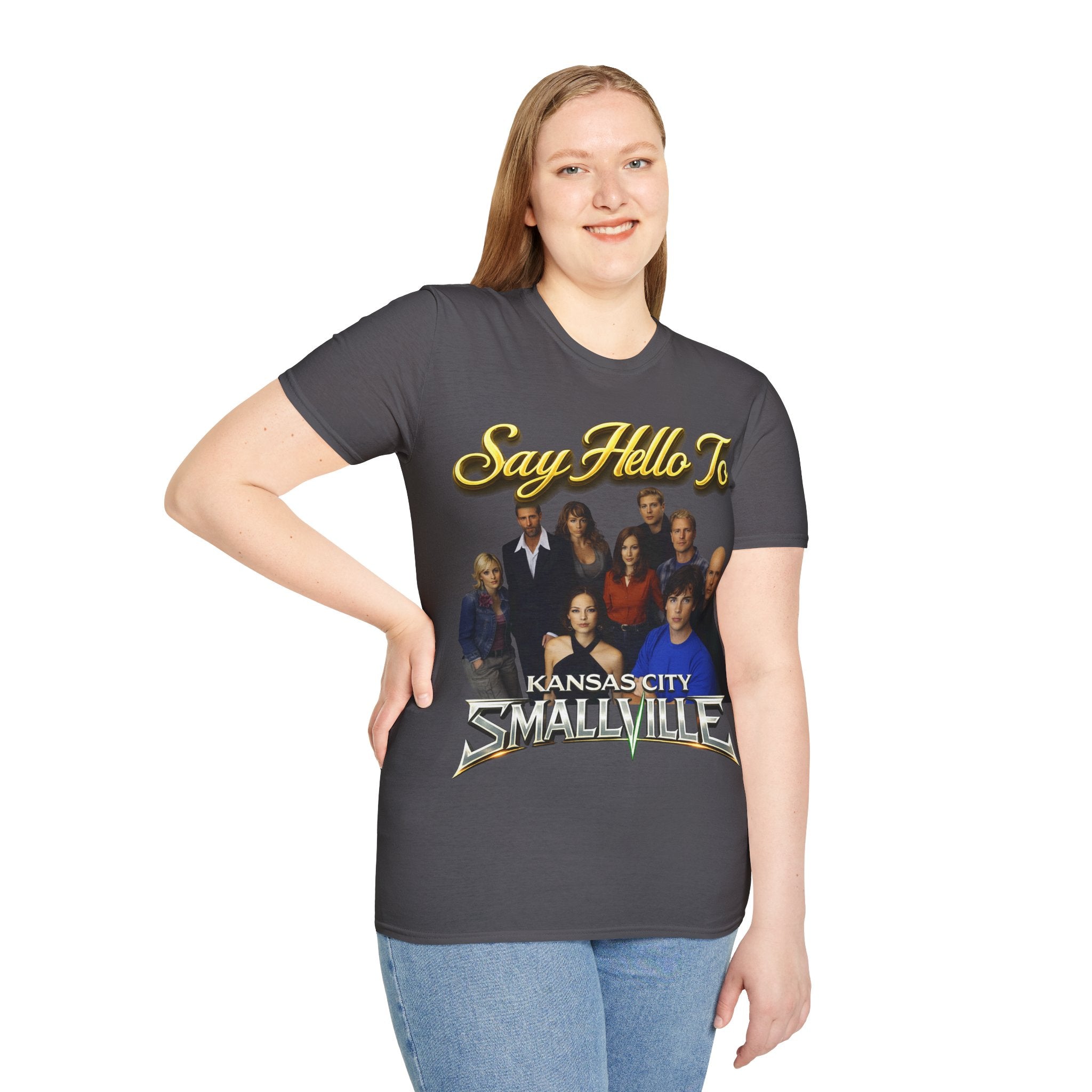 Smallville Cast T-Shirt – "Say Hello To" Kansas City Retro TV Logo Printify