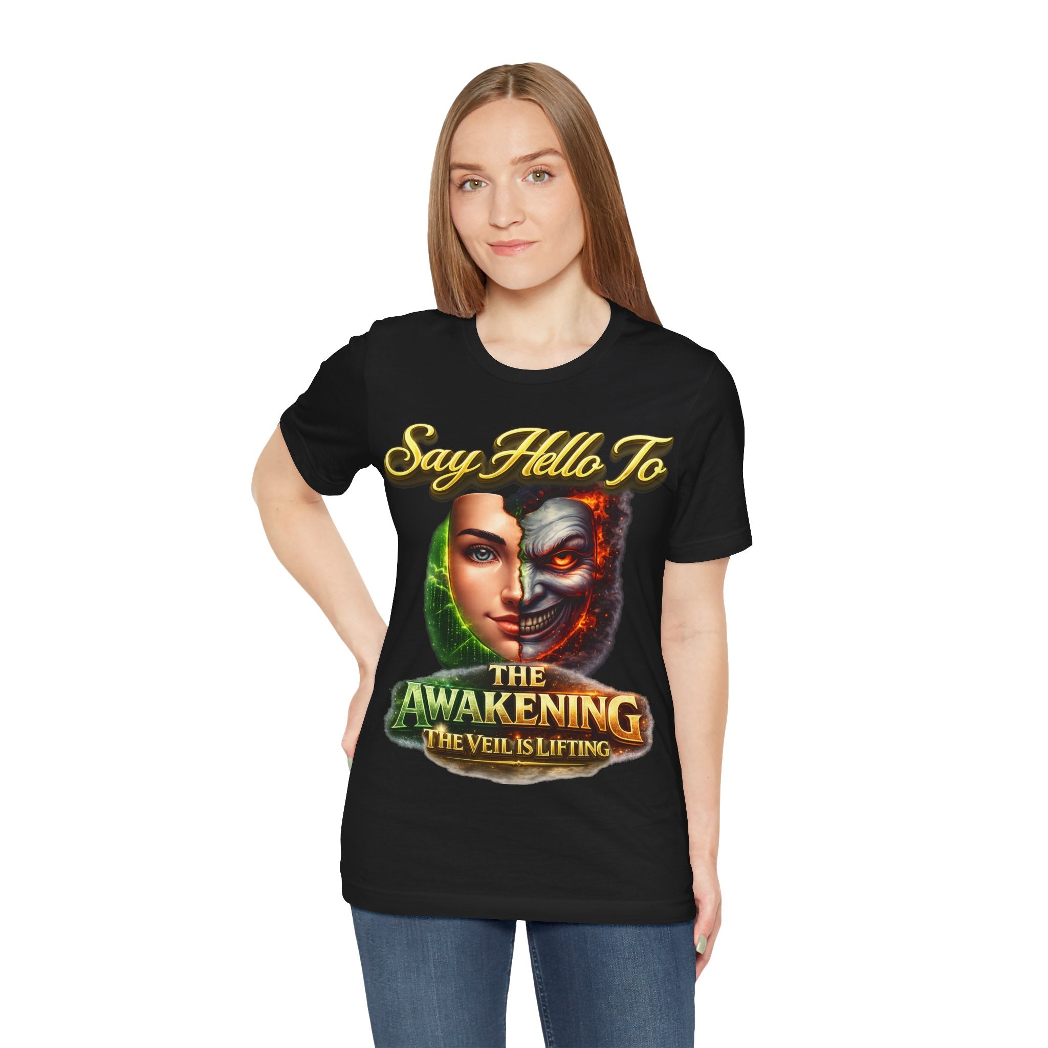Horror Mask Split Face Tee — "Say Hello To Your Family and Friends" Graphic T-Shirt Printify