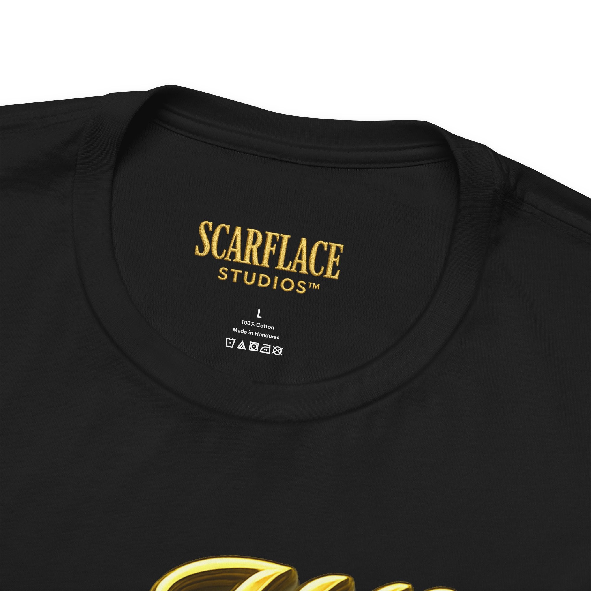 Horror Mask Split Face Tee — "Say Hello To Your Family and Friends" Graphic T-Shirt Printify