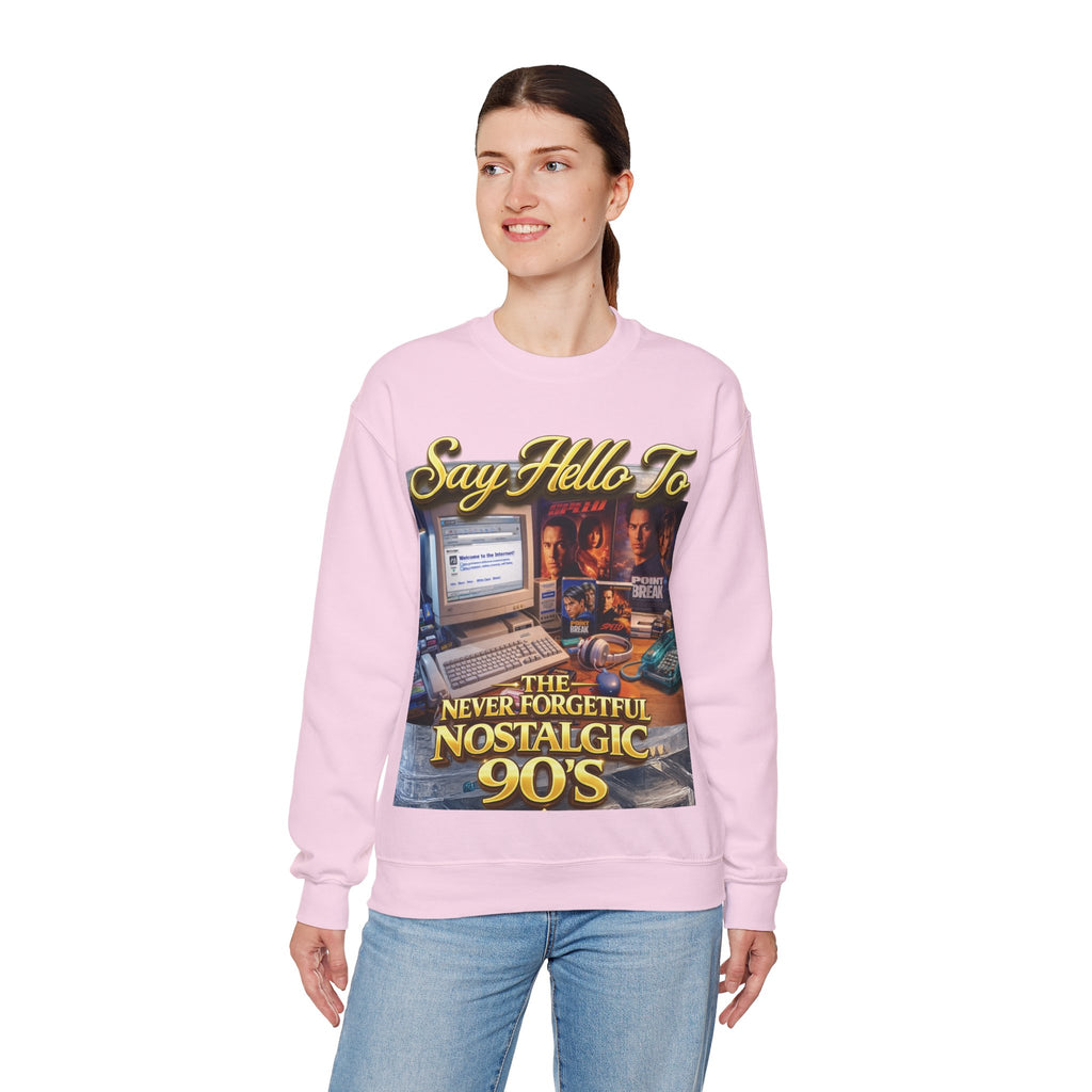 90s Nostalgia Crewneck Sweatshirt – "Say Hello To The Never Forgetful Nostalgic 90's" Printify