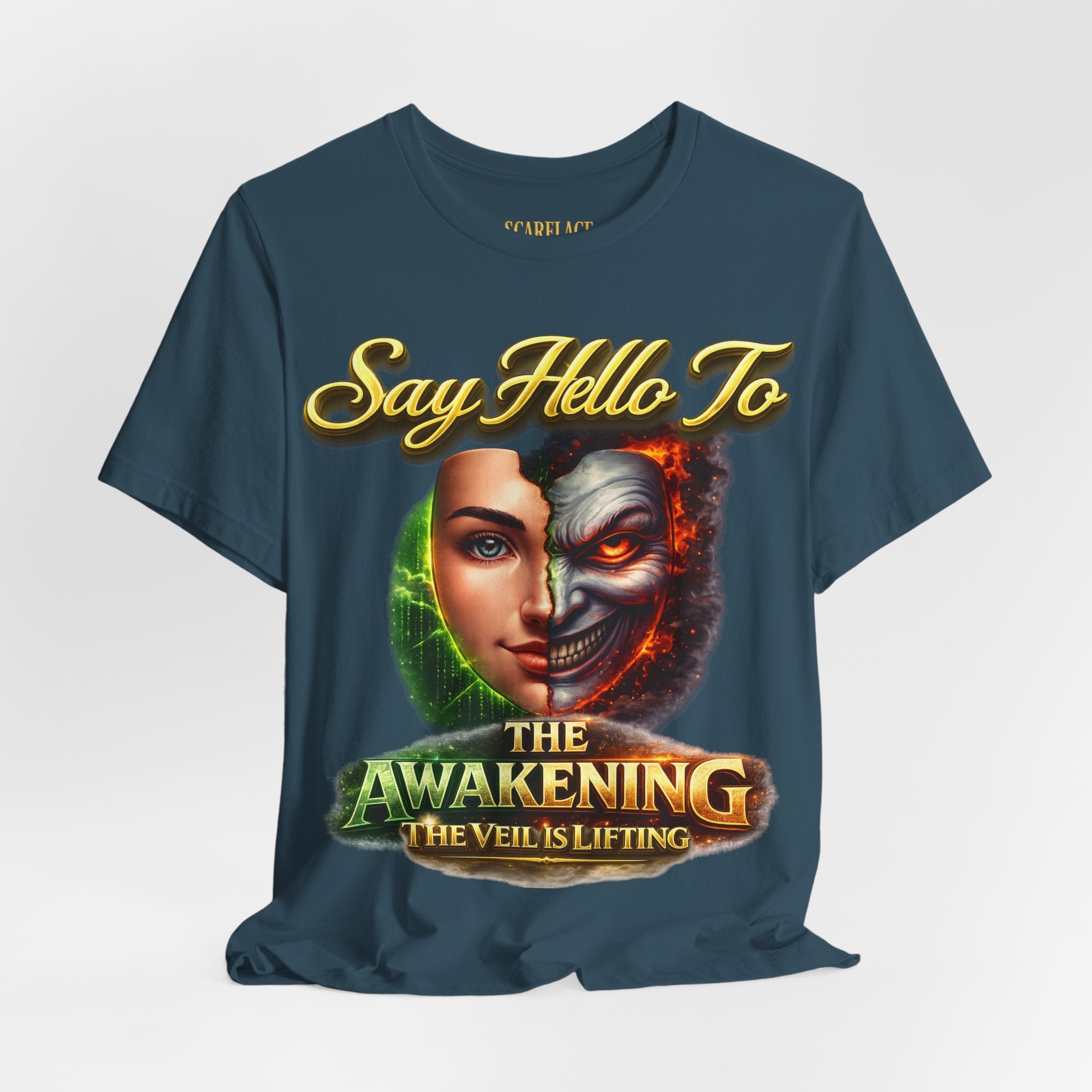 Horror Mask Split Face Tee — "Say Hello To Your Family and Friends" Graphic T-Shirt Printify